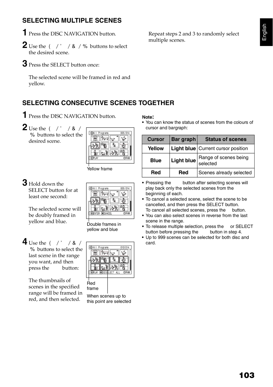 Hitachi DZ-GX20E, DZ-MV730E, DZ-MV750E, DZ-MV780E 103, Selecting Multiple Scenes, Selecting Consecutive Scenes Together 