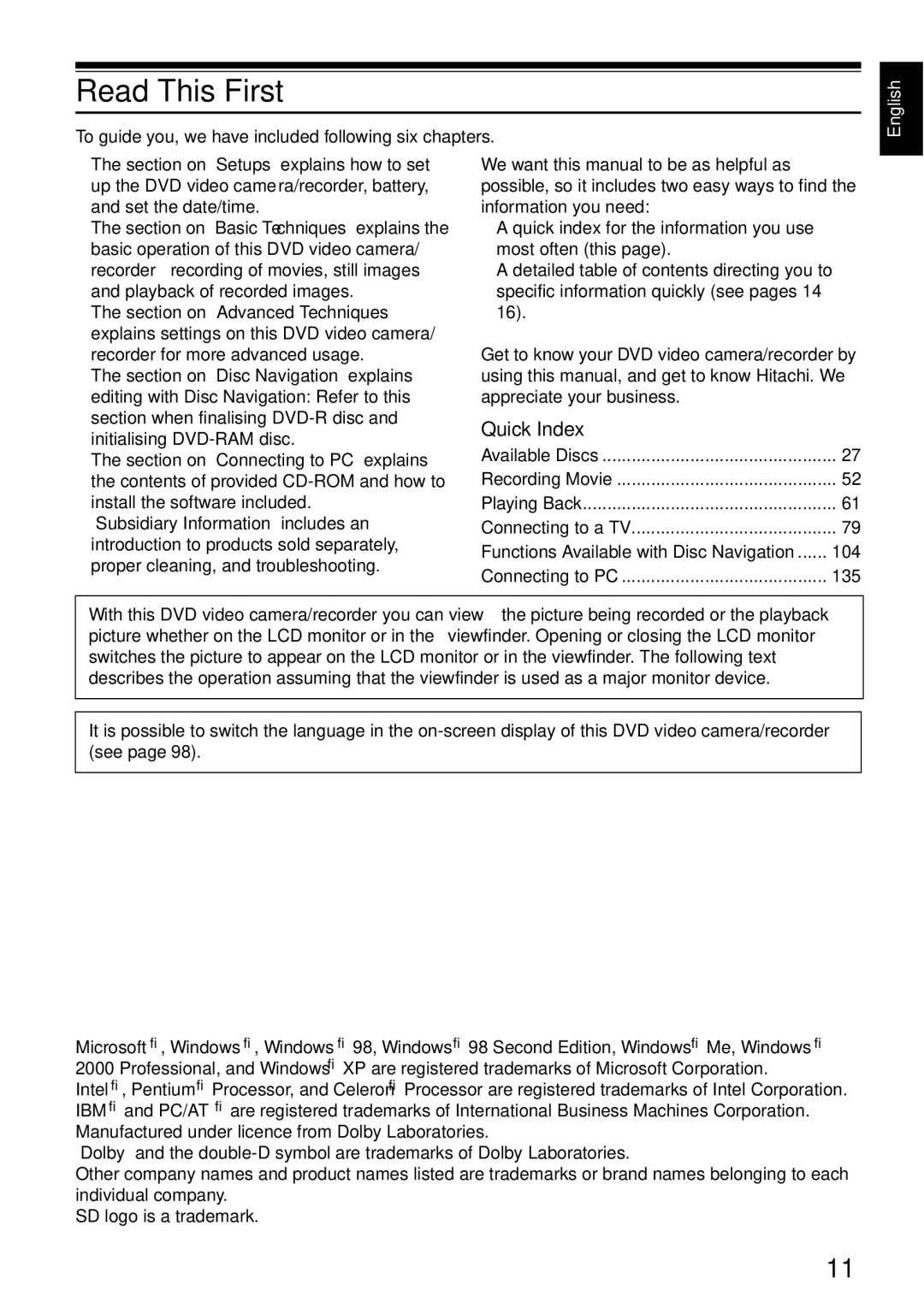 Hitachi DZ-GX20E, DZ-MV730E, DZ-MV750E, DZ-MV780E instruction manual Read This First, Quick Index 