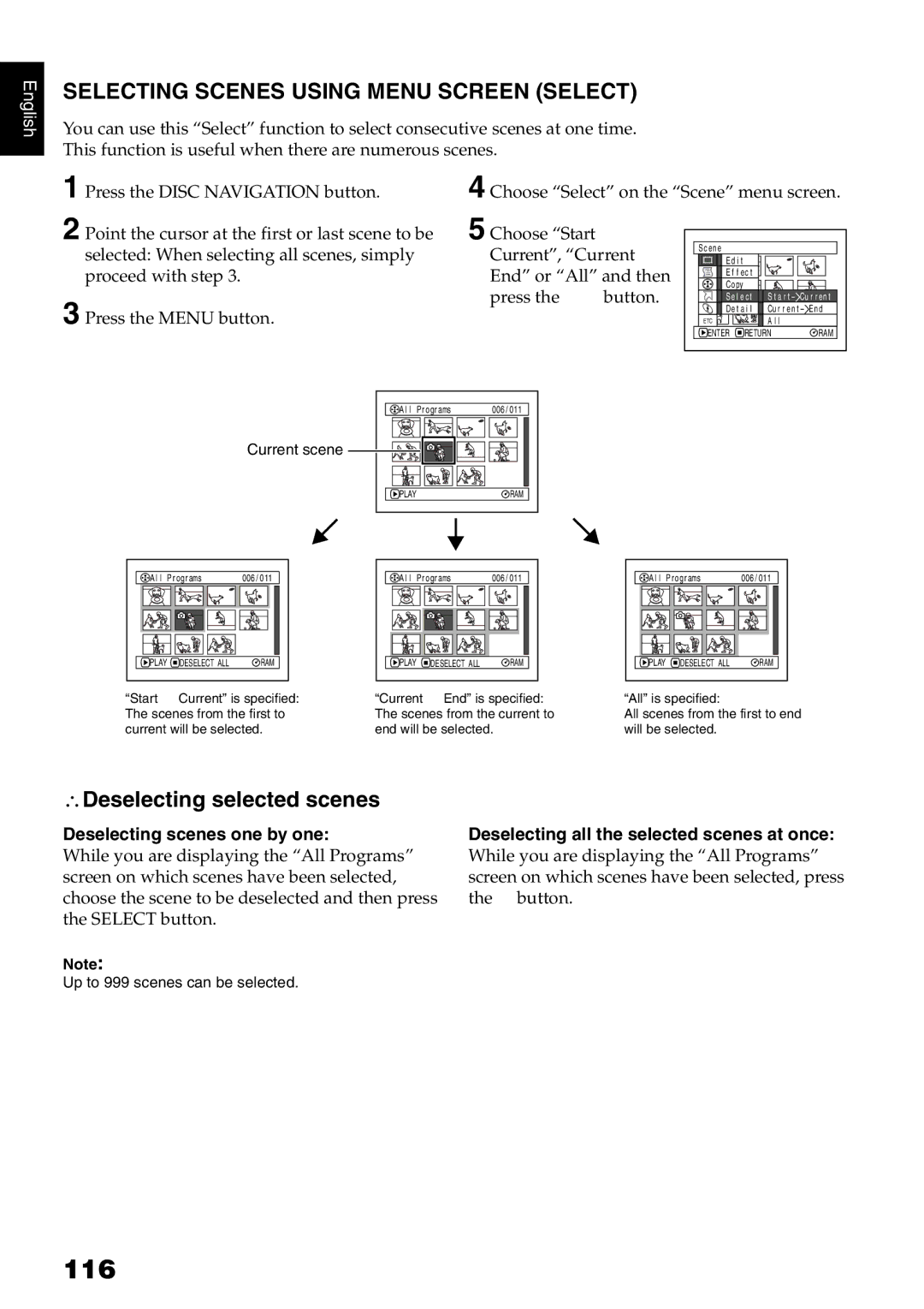 Hitachi DZ-MV730E, DZ-MV750E, DZ-MV780E 116, Selecting Scenes Using Menu Screen Select, Deselecting selected scenes 