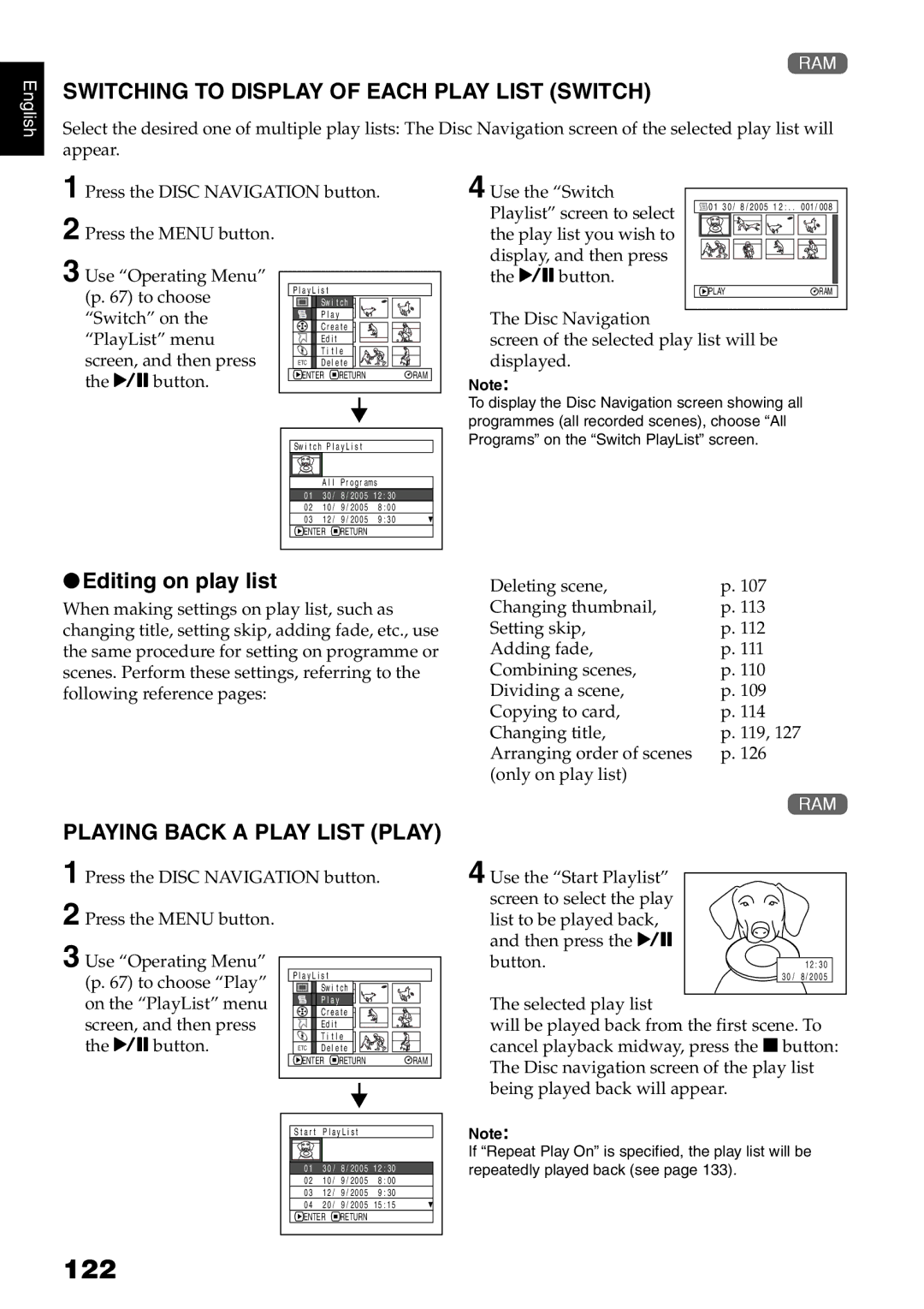 Hitachi DZ-MV780E 122, Switching to Display of Each Play List Switch, Editing on play list, Playing Back a Play List Play 