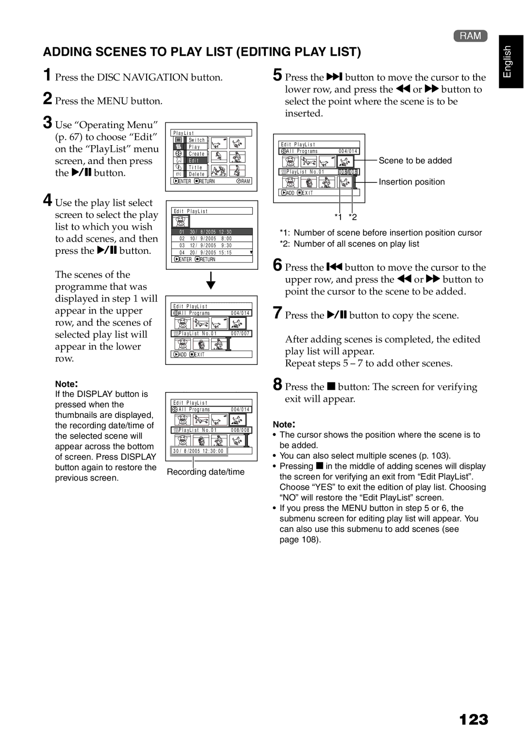 Hitachi DZ-GX20E, DZ-MV730E, DZ-MV750E, DZ-MV780E instruction manual 123, Adding Scenes to Play List Editing Play List 