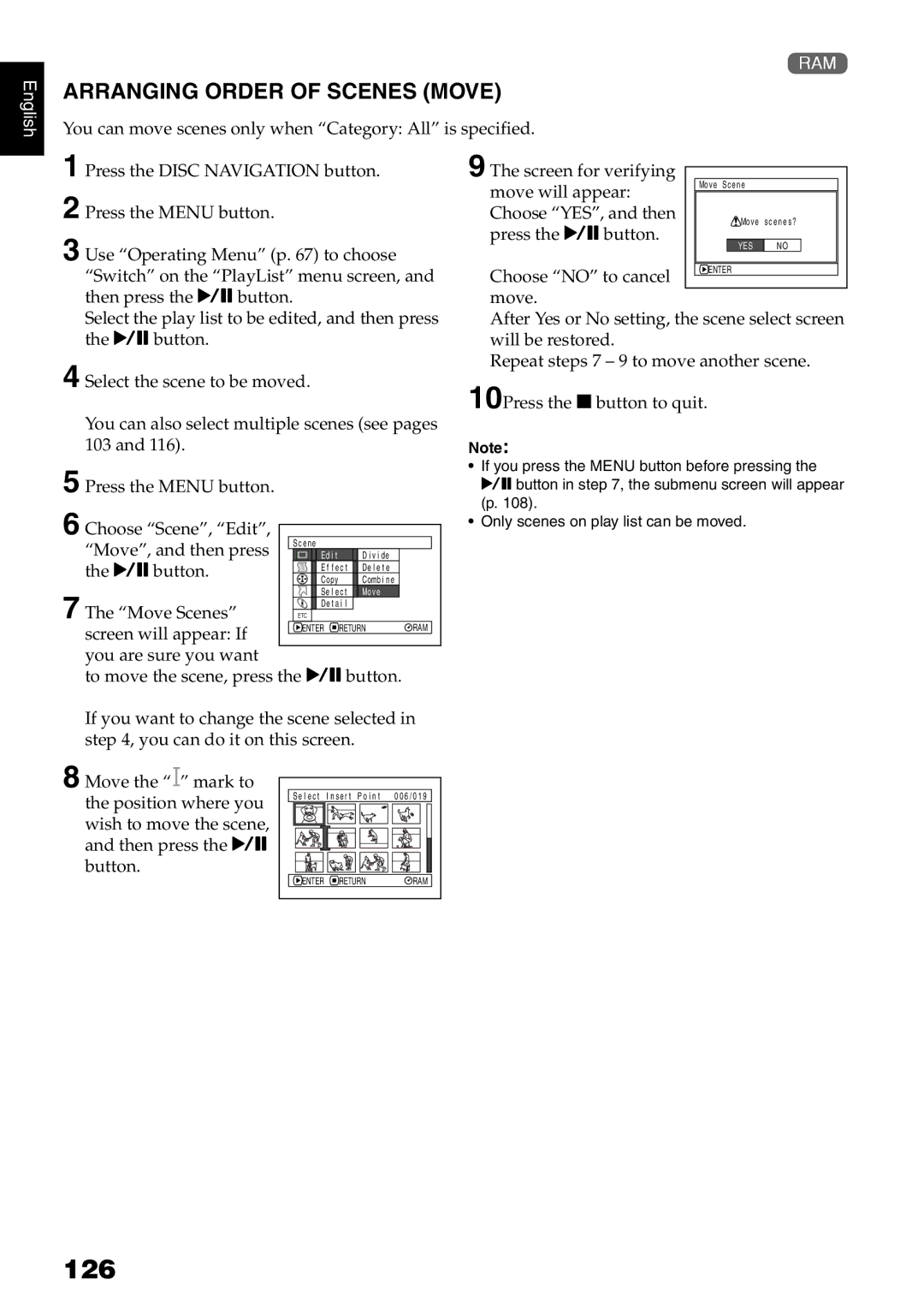 Hitachi DZ-MV780E, DZ-MV730E, DZ-MV750E, DZ-GX20E instruction manual 126, Arranging Order of Scenes Move 