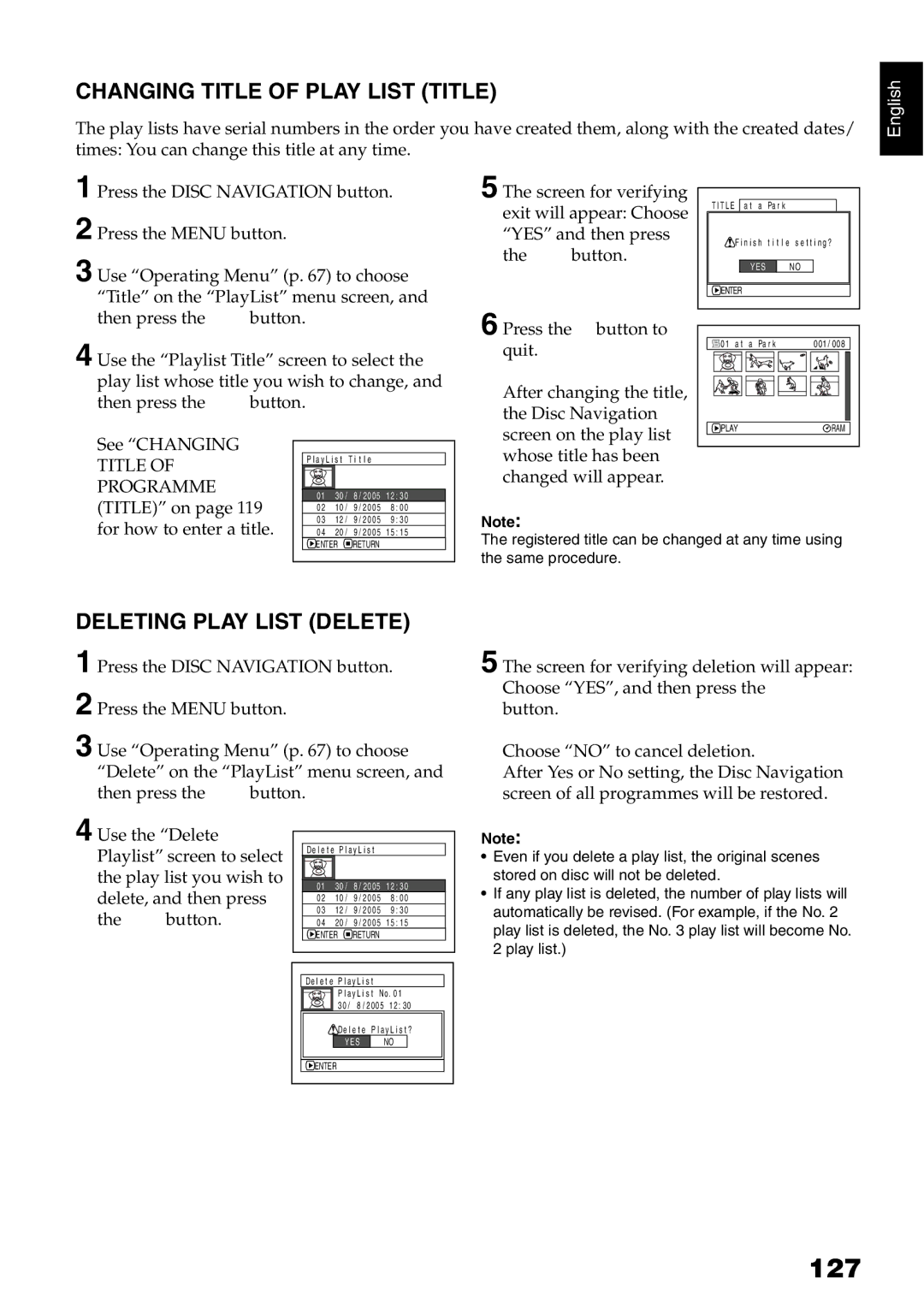 Hitachi DZ-GX20E, DZ-MV730E, DZ-MV750E, DZ-MV780E 127, Changing Title of Play List Title, Deleting Play List Delete 