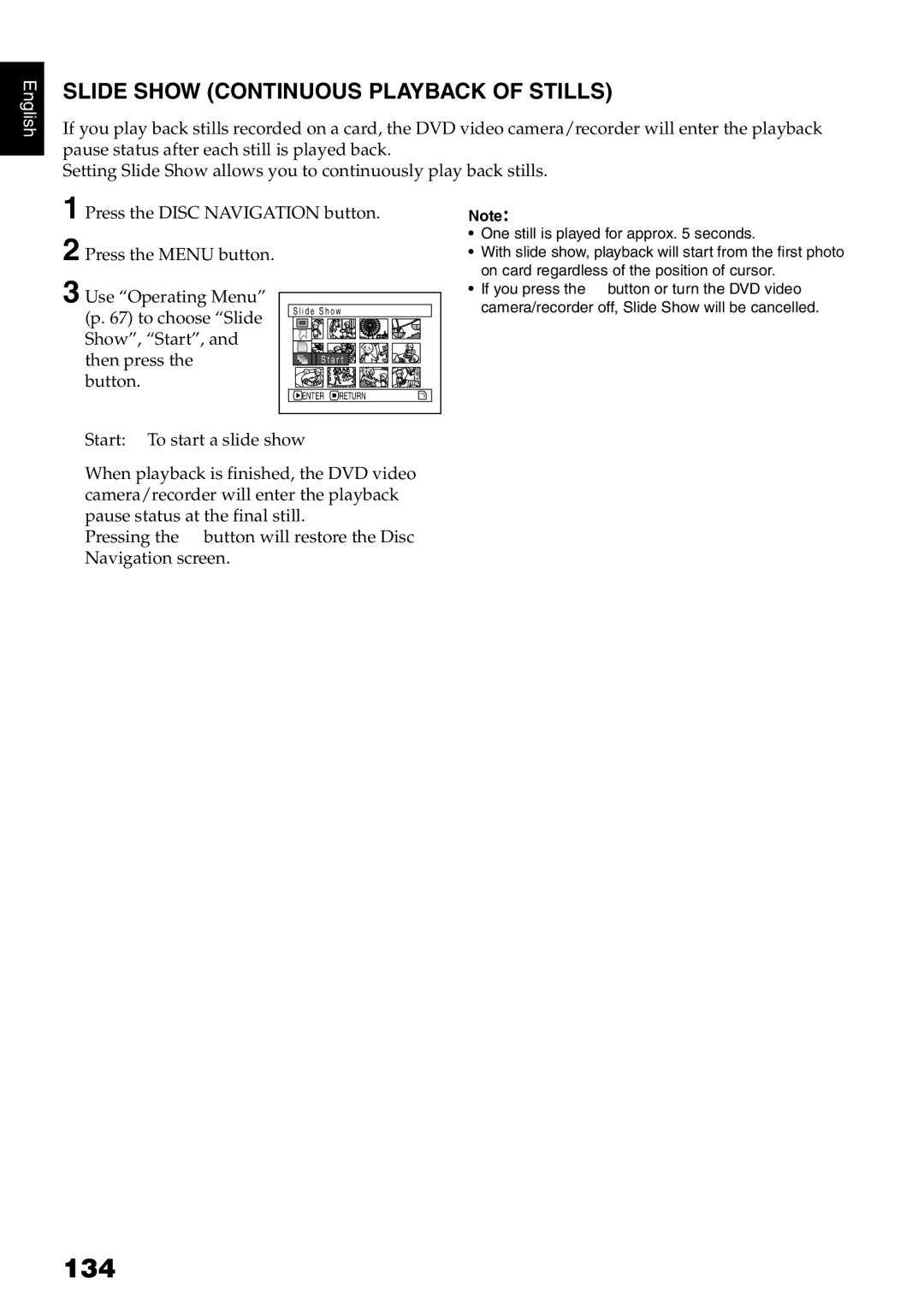 Hitachi DZ-MV780E, DZ-MV730E, DZ-MV750E, DZ-GX20E instruction manual 134, Slide Show Continuous Playback of Stills 