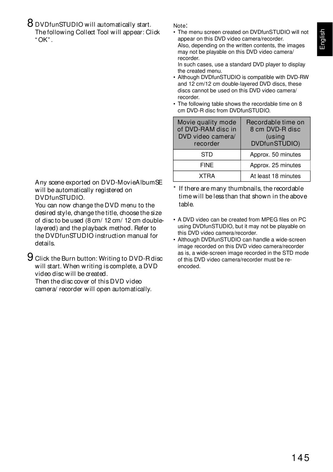 Hitachi DZ-MV750E, DZ-MV730E, DZ-MV780E, DZ-GX20E instruction manual 145, Recordable time on, DVDfunSTUDIO 