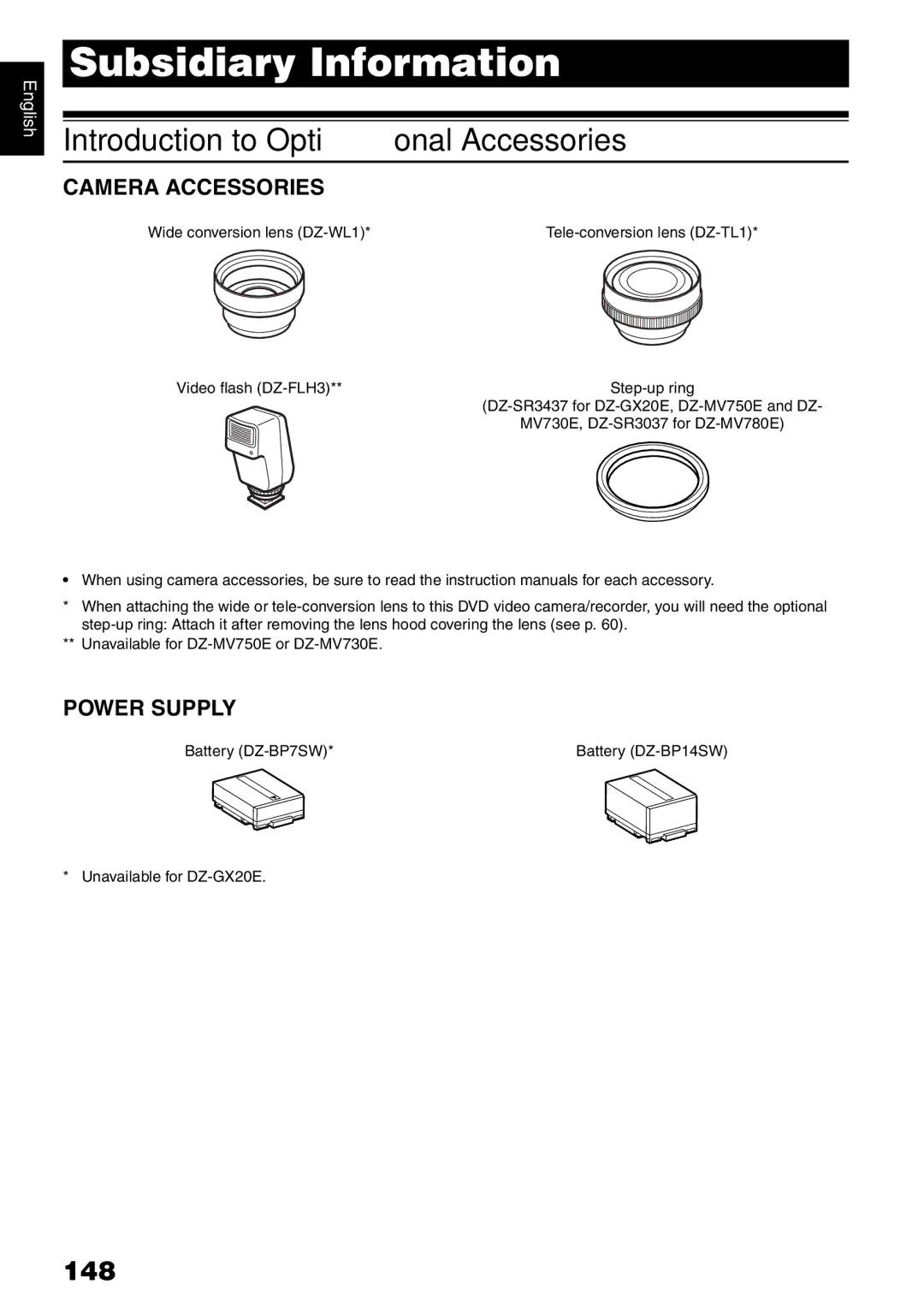 Hitachi DZ-MV730E, DZ-MV750E, DZ-MV780E Introduction to Optional Accessories, 148, Camera Accessories, Power Supply 