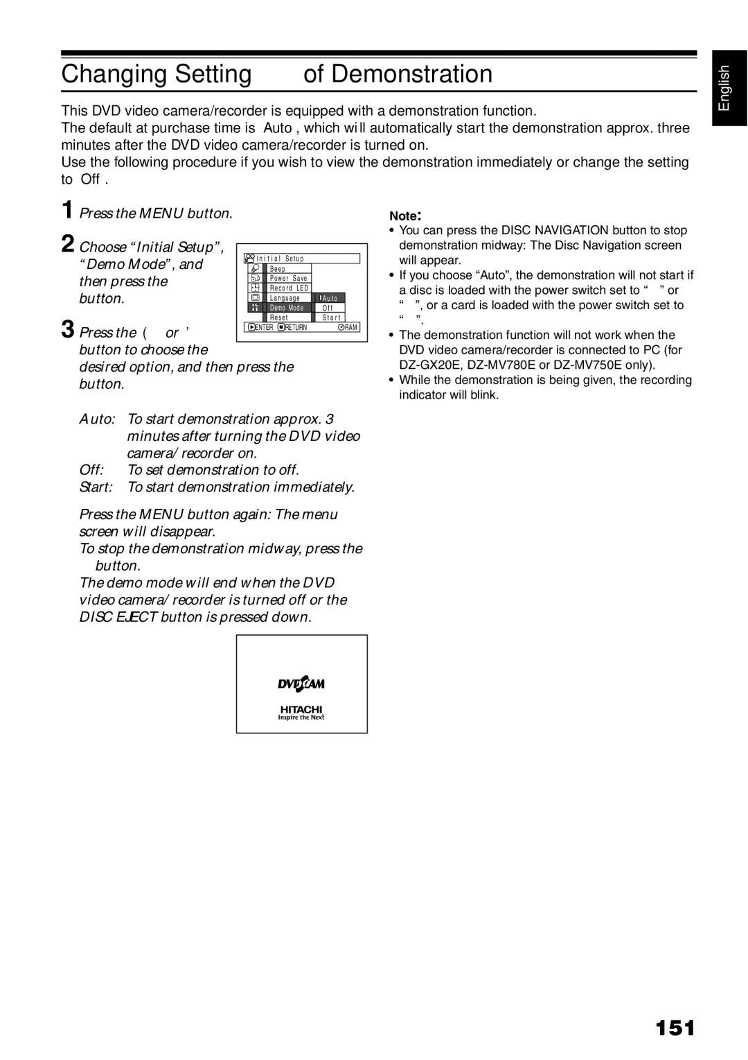 Hitachi DZ-GX20E, DZ-MV730E Changing Setting of Demonstration, 151, Press the Menu button Choose Initial Setup, Demo Mode 