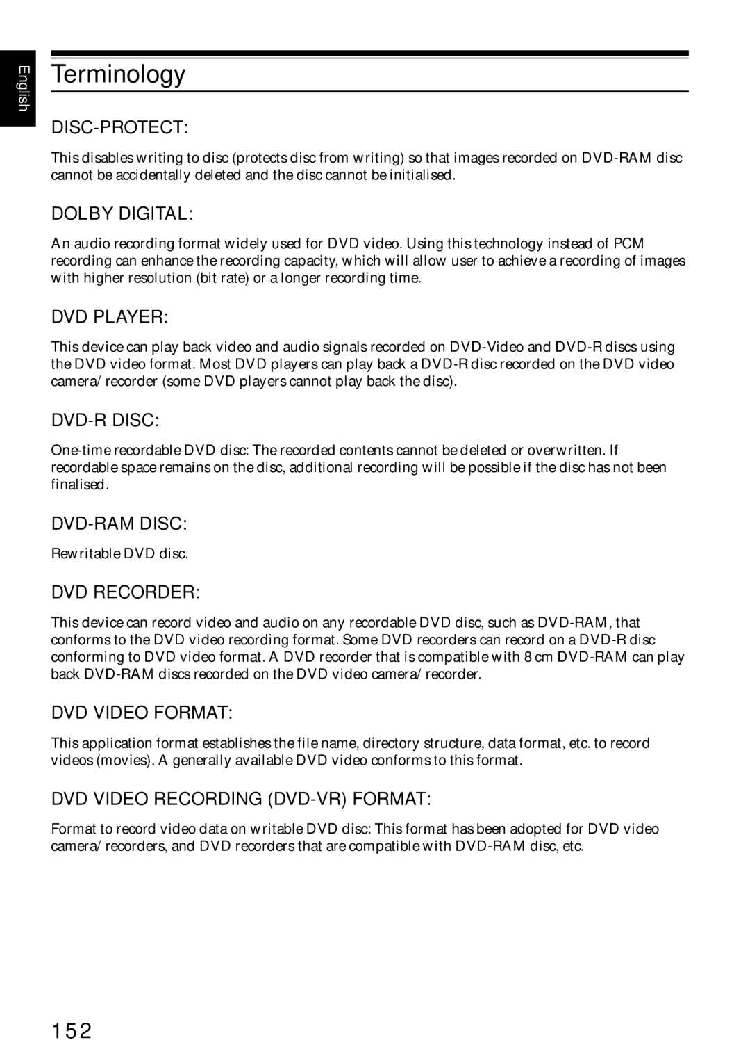 Hitachi DZ-MV730E, DZ-MV750E, DZ-MV780E, DZ-GX20E instruction manual Terminology, 152 