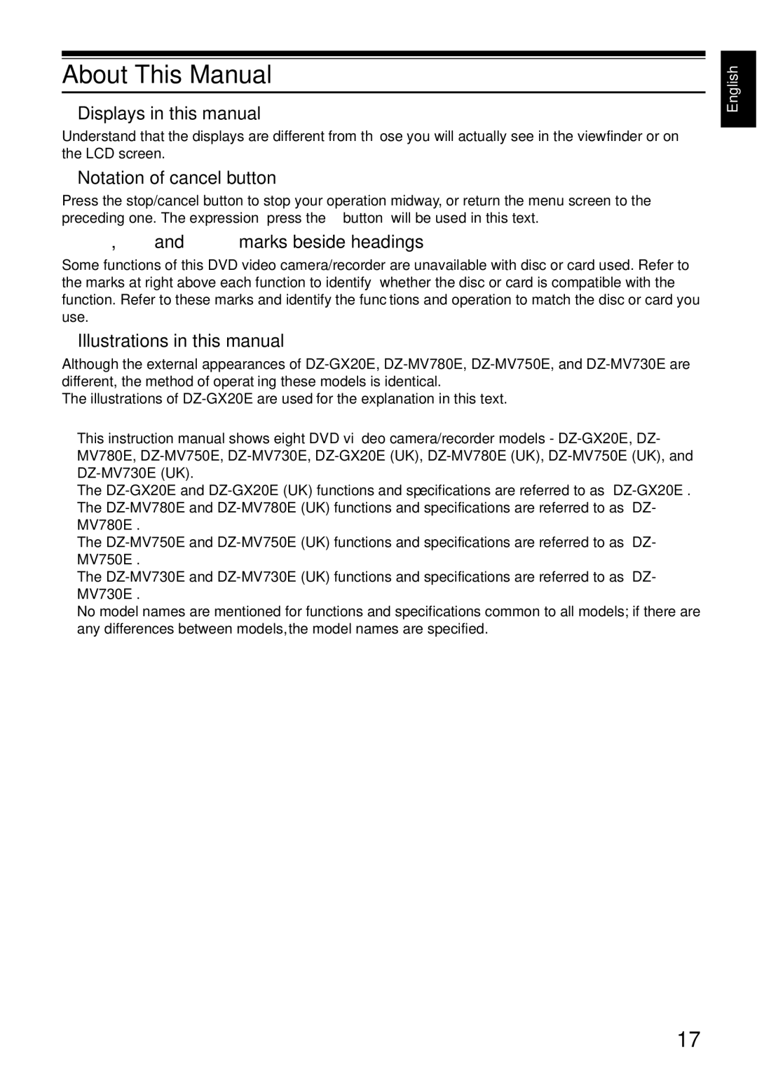 Hitachi DZ-MV750E About This Manual, Displays in this manual, Notation of cancel button, 2and 3marks beside headings 