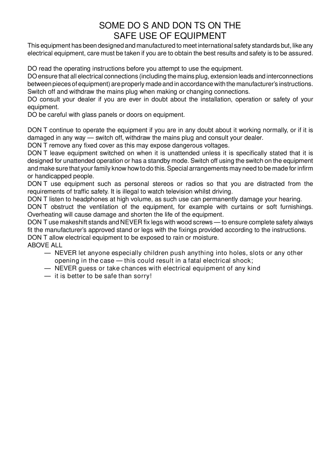 Hitachi DZ-MV750E, DZ-MV730E, DZ-MV780E, DZ-GX20E instruction manual Some DO’S and DON’TS on Safe USE of Equipment 