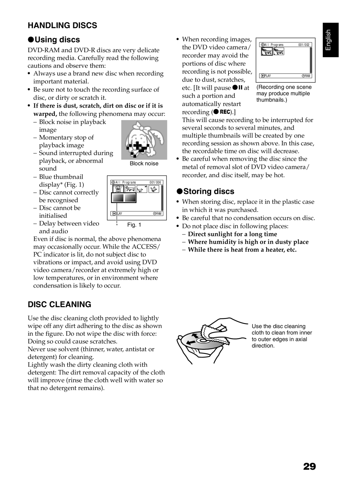 Hitachi DZ-MV750E, DZ-MV730E, DZ-MV780E, DZ-GX20E instruction manual Handling Discs, Using discs, Storing discs, Disc Cleaning 