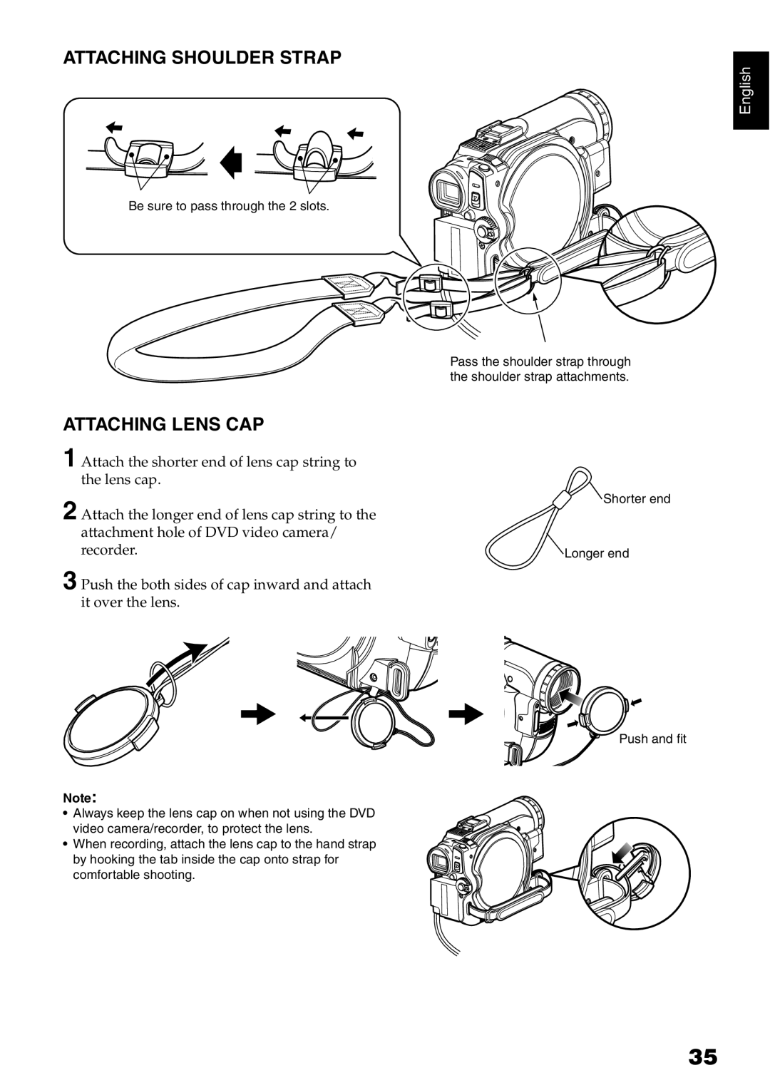 Hitachi DZ-GX20E, DZ-MV730E, DZ-MV750E, DZ-MV780E instruction manual Attaching Shoulder Strap, Attaching Lens CAP 