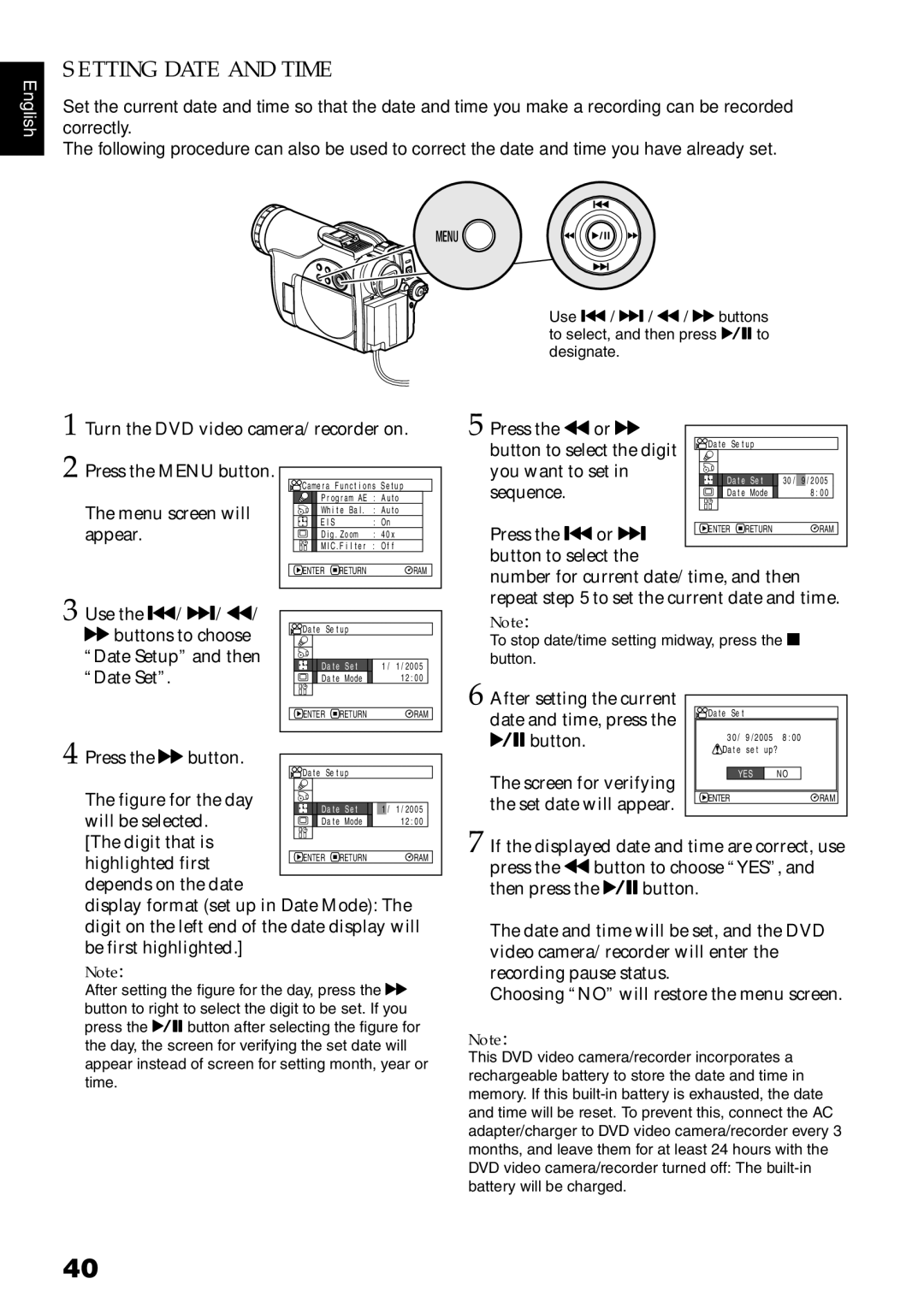 Hitachi DZ-MV730E, DZ-MV750E, DZ-MV780E, DZ-GX20E instruction manual Setting Date and Time 