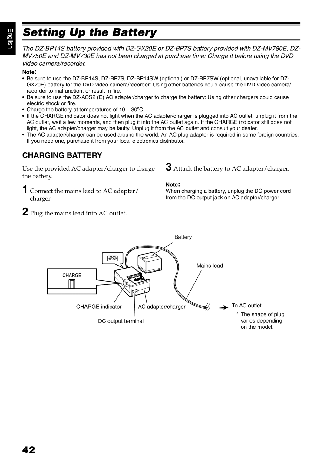 Hitachi DZ-MV780E, DZ-MV730E, DZ-MV750E, DZ-GX20E instruction manual Setting Up the Battery, Charging Battery 