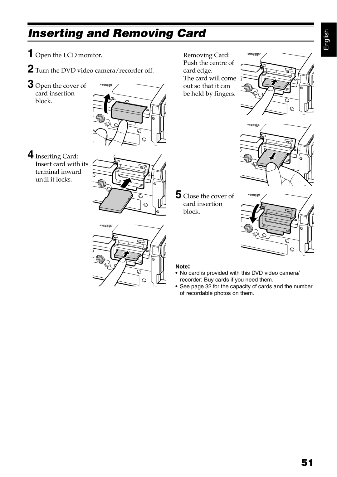 Hitachi DZ-GX20E, DZ-MV730E, DZ-MV750E, DZ-MV780E instruction manual Inserting and Removing Card 