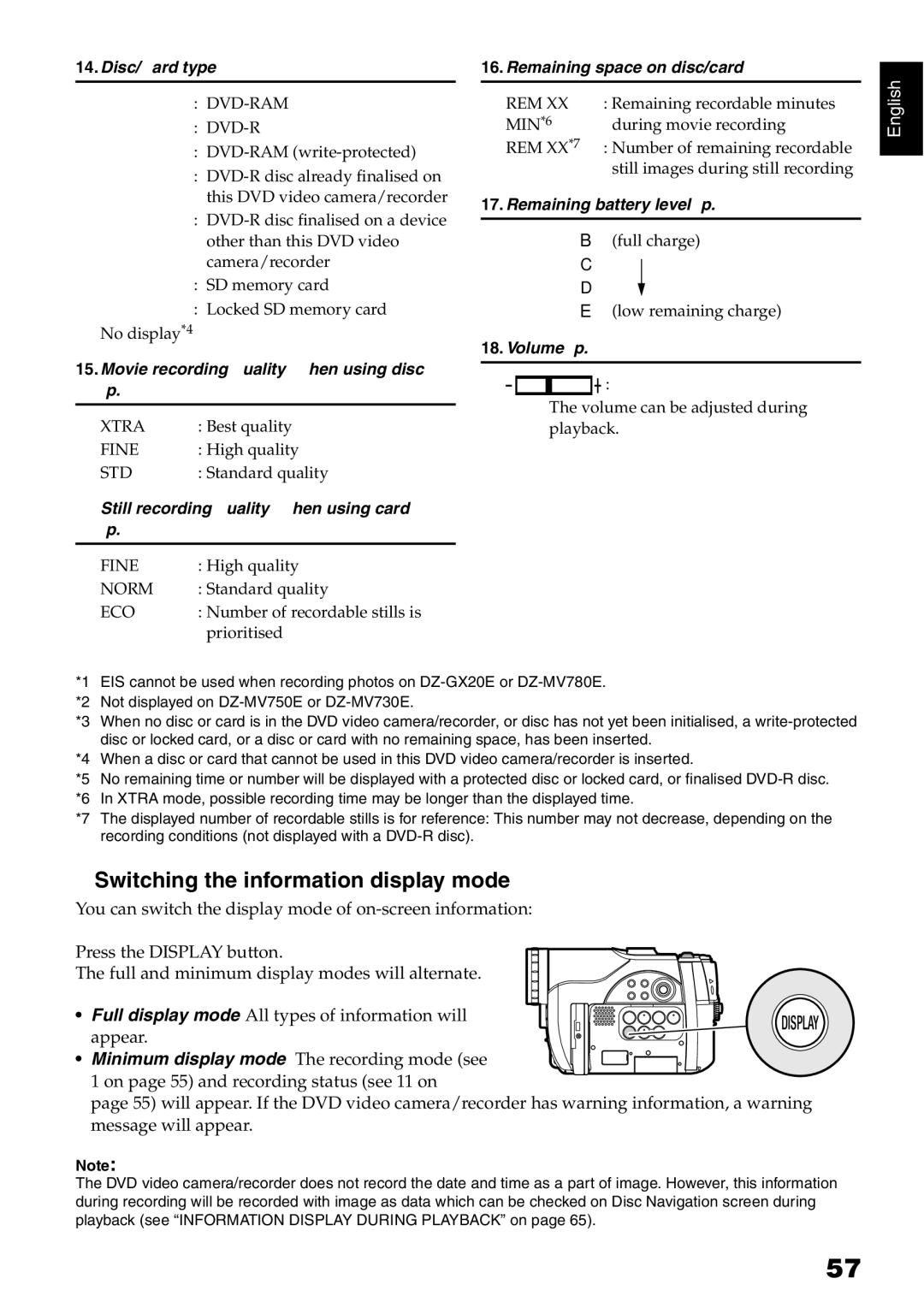 Hitachi DZ-MV750E, DZ-MV730E, DZ-MV780E, DZ-GX20E instruction manual Switching the information display mode, Appear 