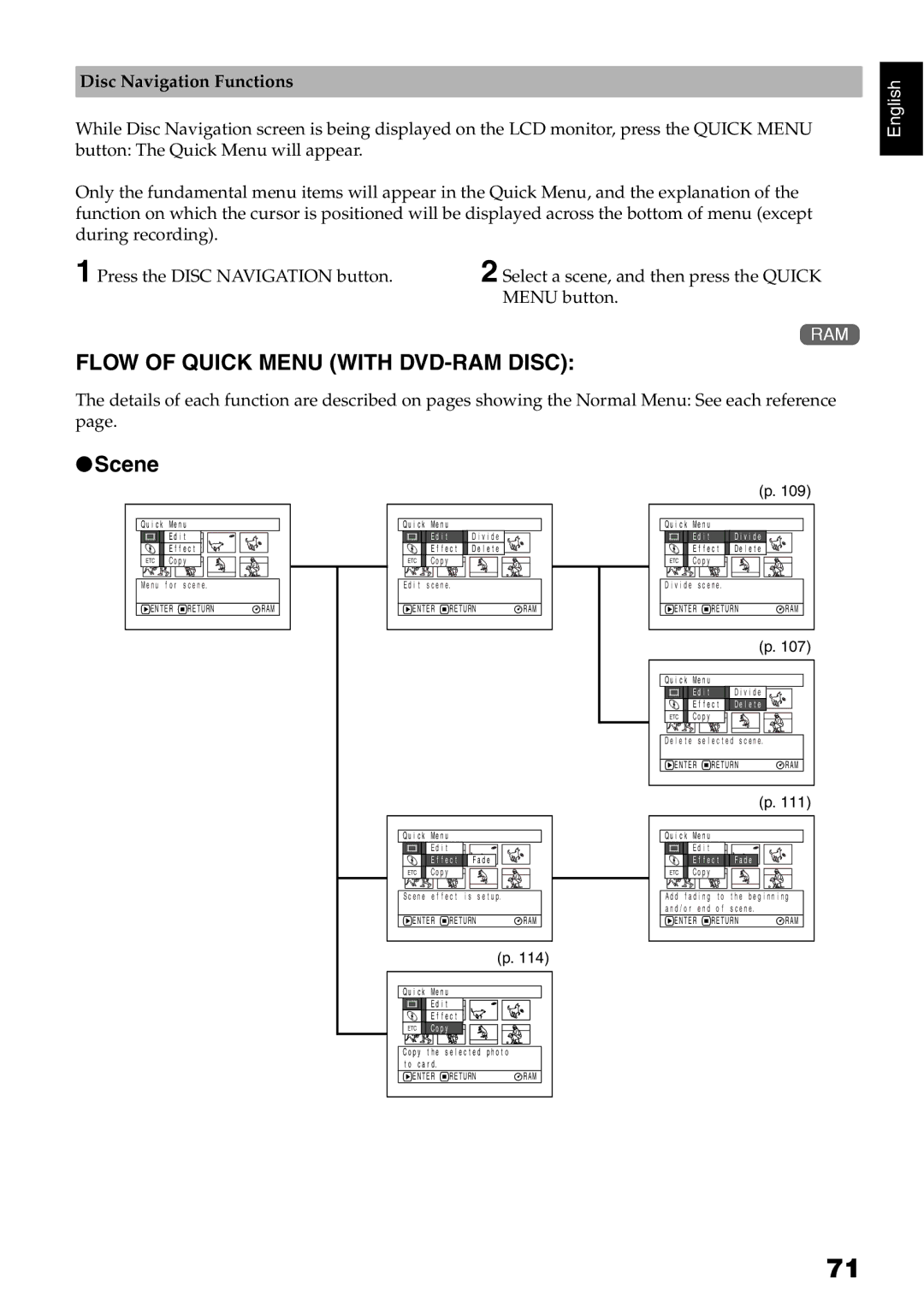 Hitachi DZ-GX20E, DZ-MV730E, DZ-MV750E, DZ-MV780E instruction manual Flow of Quick Menu with DVD-RAM Disc, Scene 