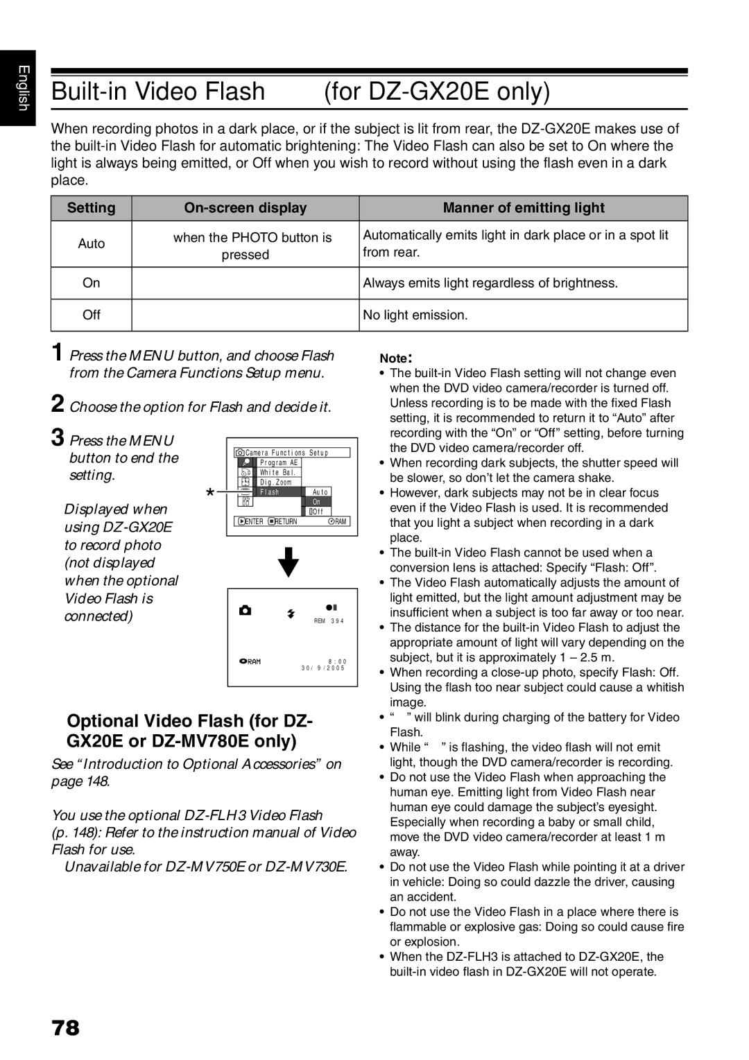 Hitachi Built-in Video Flash for DZ-GX20E only, Optional Video Flash for DZ- GX20E or DZ-MV780E only, Setting 