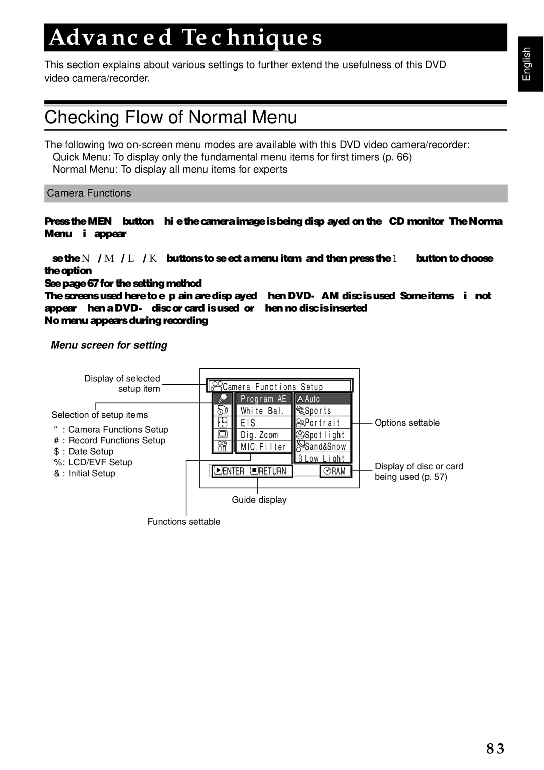 Hitachi DZ-GX20E, DZ-MV730E, DZ-MV750E, DZ-MV780E instruction manual Checking Flow of Normal Menu, Menu screen for setting 