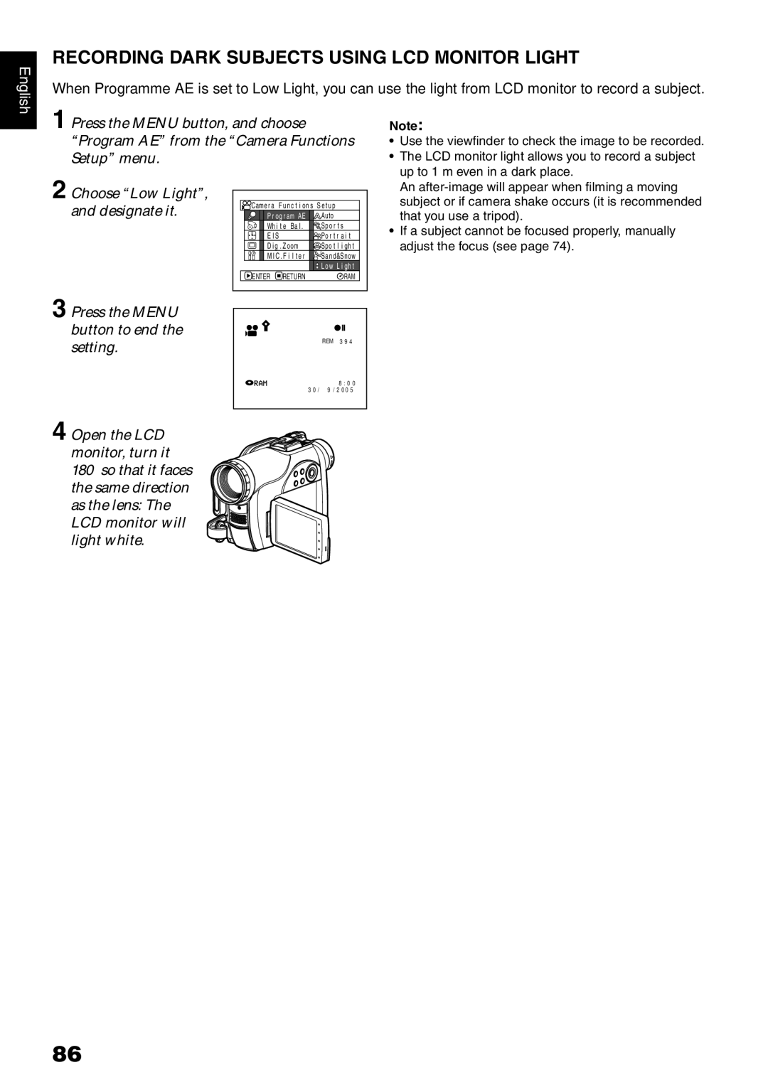 Hitachi DZ-MV780E, DZ-MV730E Recording Dark Subjects Using LCD Monitor Light, Press the Menu button to end Setting 