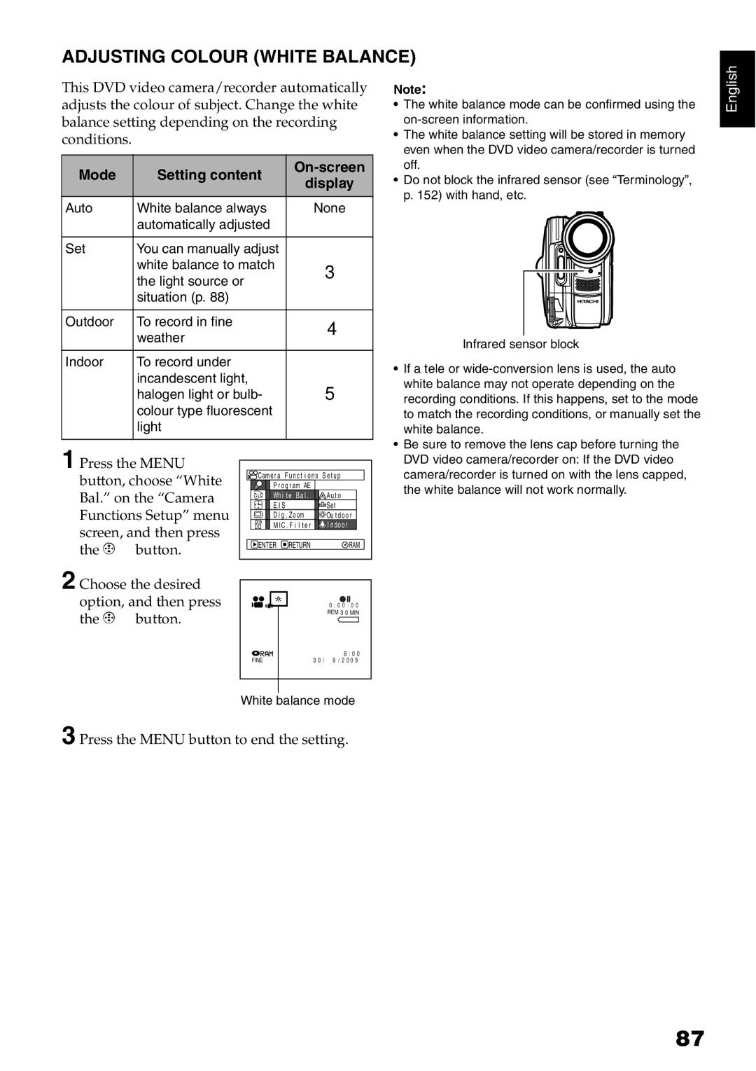 Hitachi DZ-GX20E Adjusting Colour White Balance, Mode Setting content On-screen, Press the Menu button to end the setting 