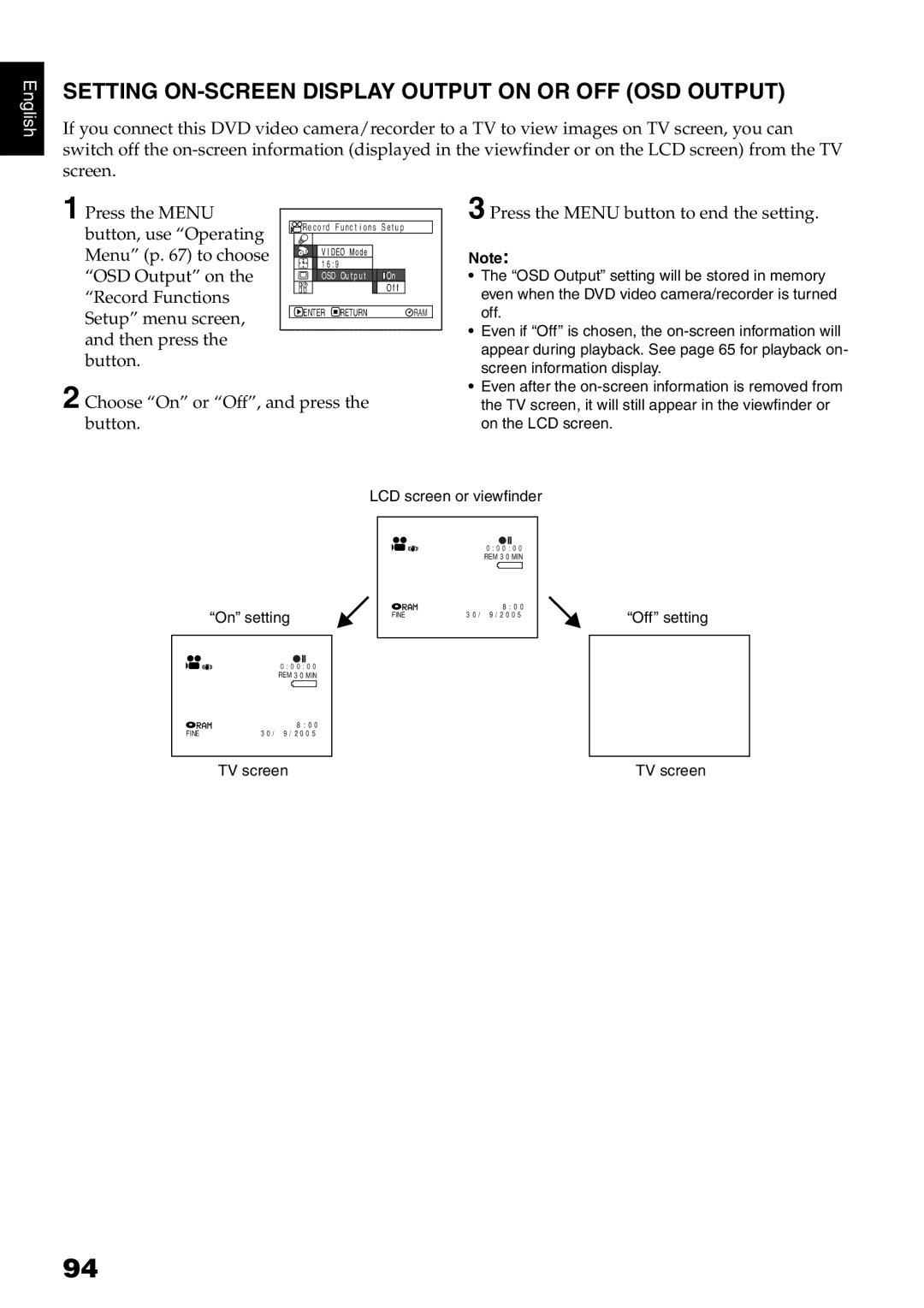 Hitachi DZ-MV780E Setting ON-SCREEN Display Output on or OFF OSD Output, Choose On or Off, and press the a button 