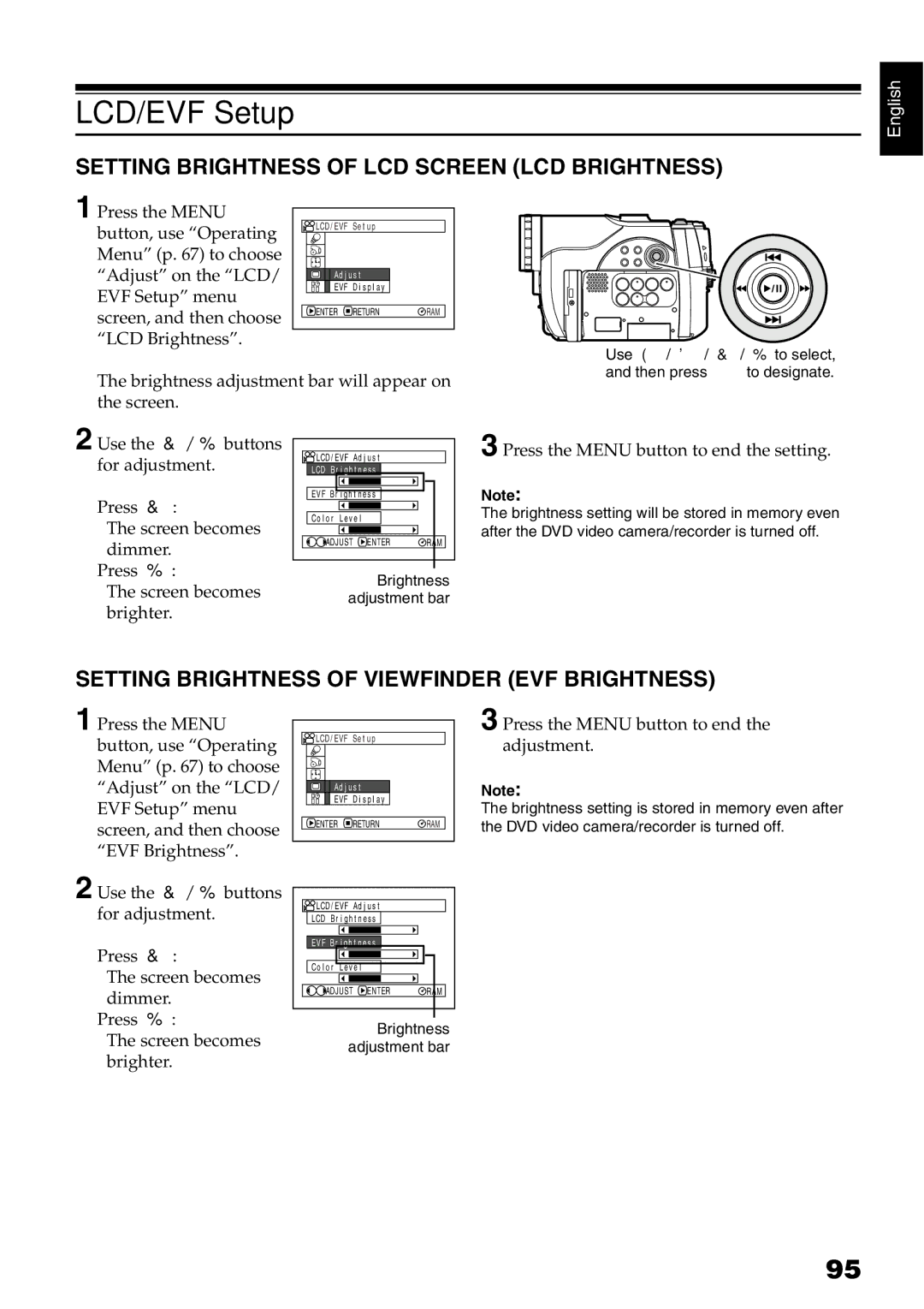 Hitachi DZ-GX20E, DZ-MV730E, DZ-MV750E, DZ-MV780E LCD/EVF Setup, Setting Brightness of LCD Screen LCD Brightness 