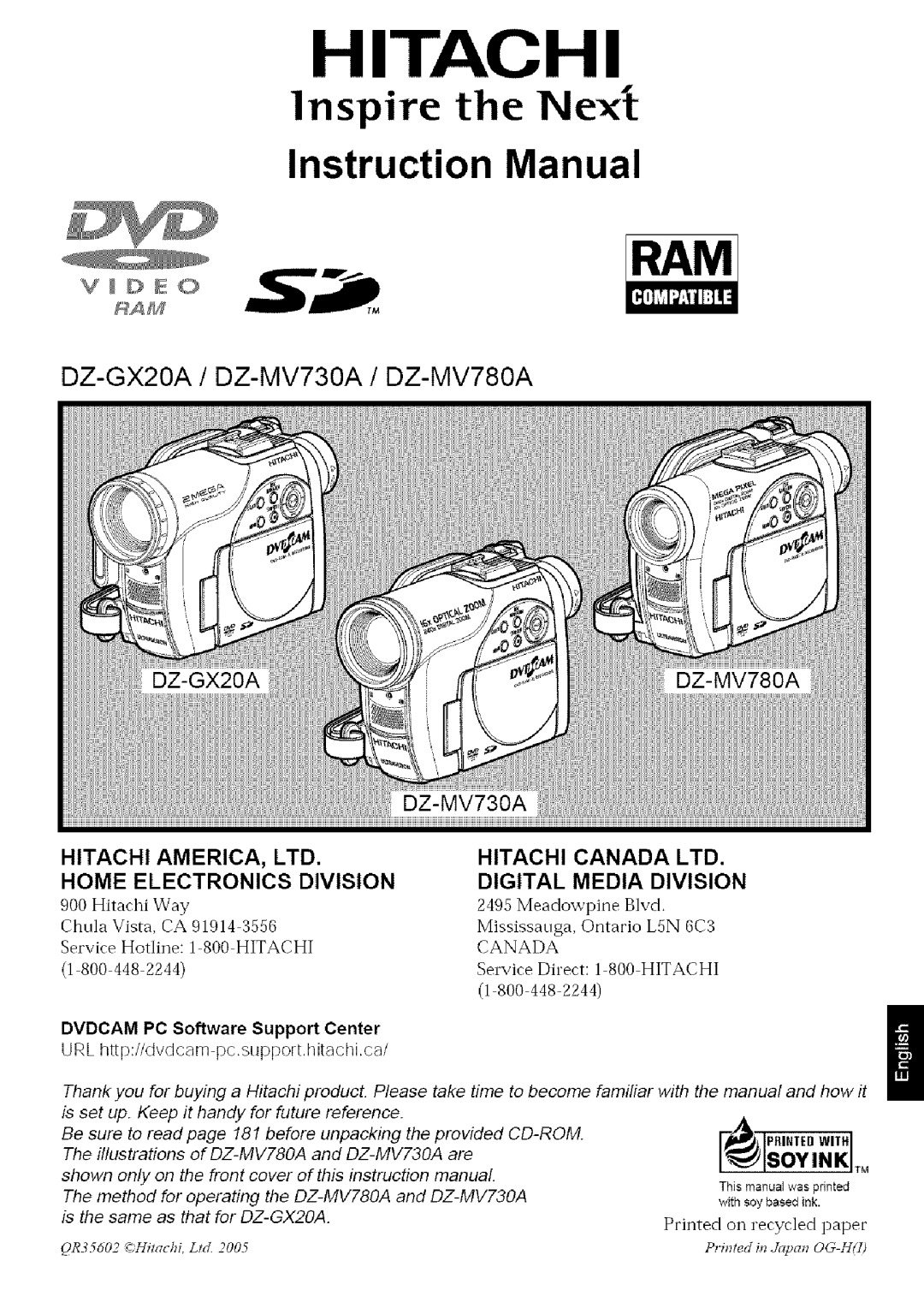 Hitachi DZ-MV780A instruction manual LilhrJ.,IIII1, Dvdcam PC Software Support Center 