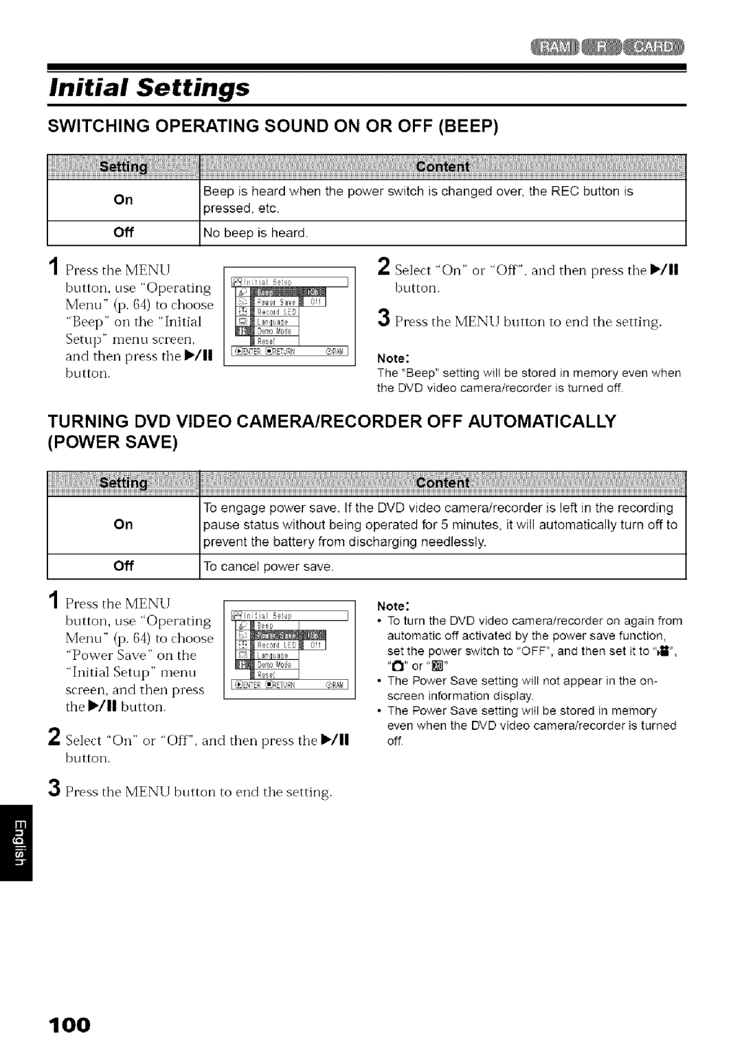 Hitachi DZ-MV780A instruction manual Initial Settings, Switching Operating Sound on or OFF Beep, 100 