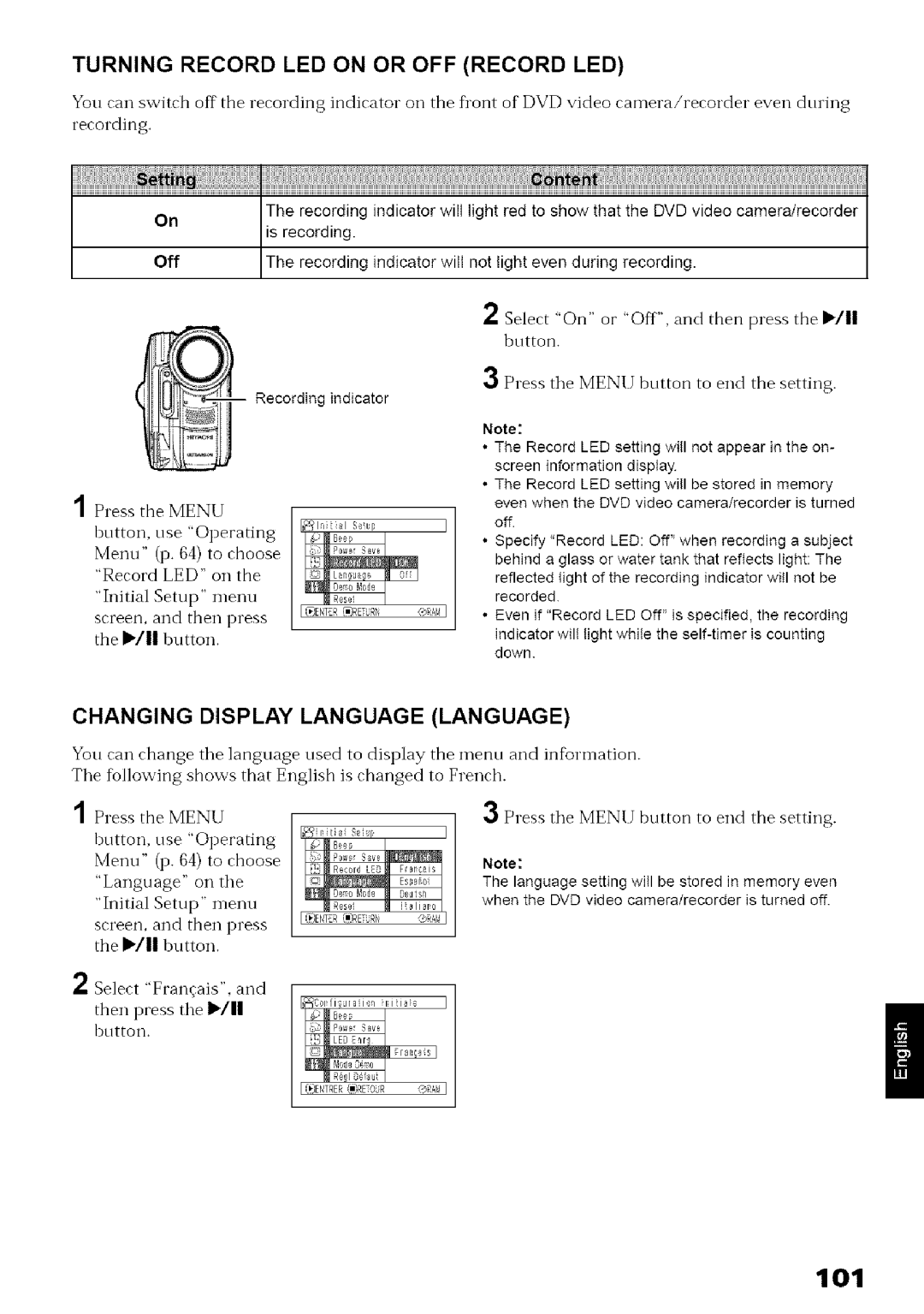 Hitachi DZ-MV780A instruction manual Turning Record LED on or OFF Record LED, Changing Display Language Language 