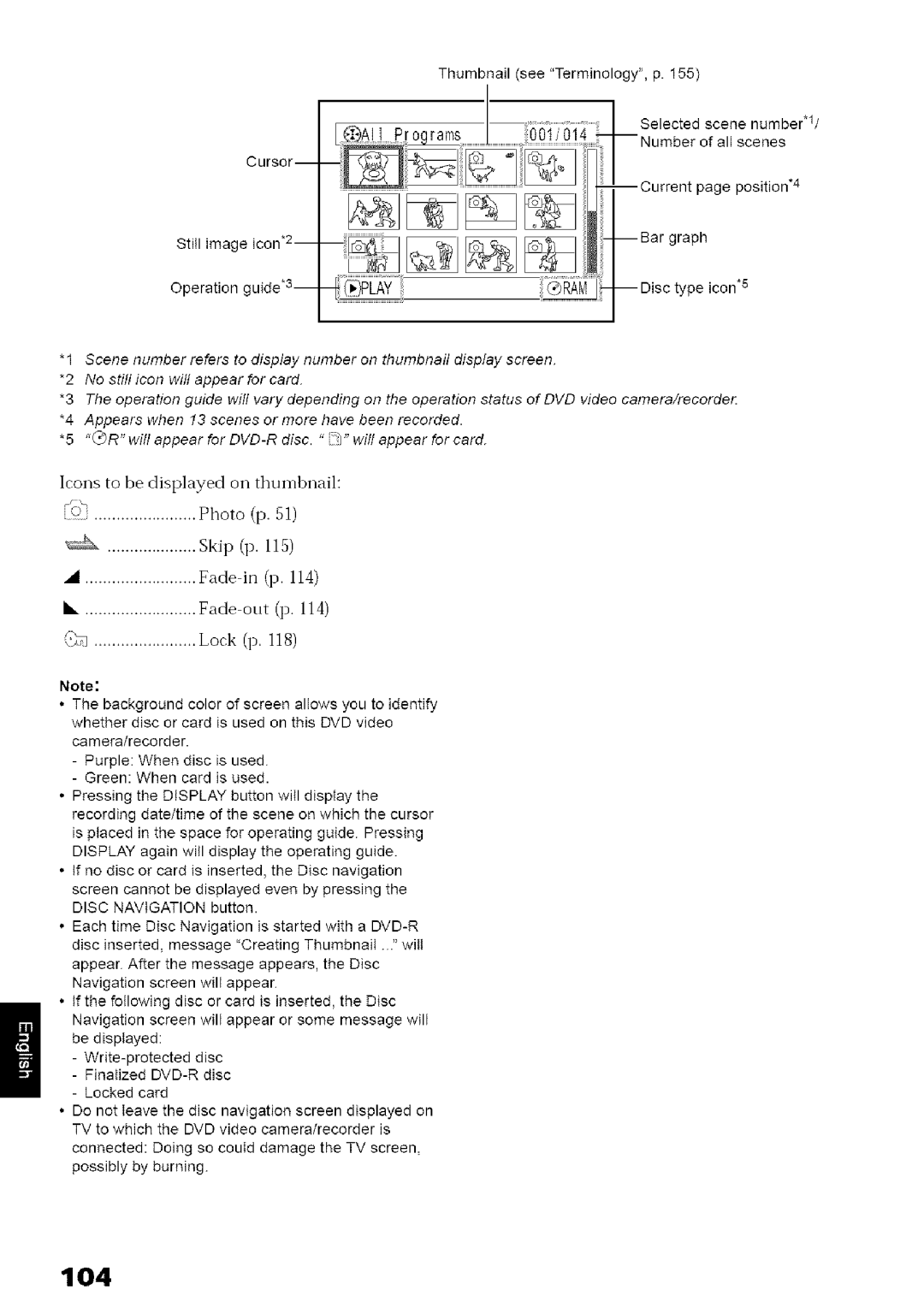 Hitachi DZ-MV780A instruction manual 104, Icons to be displayed oil thumbnail, Fade in p, Skip 