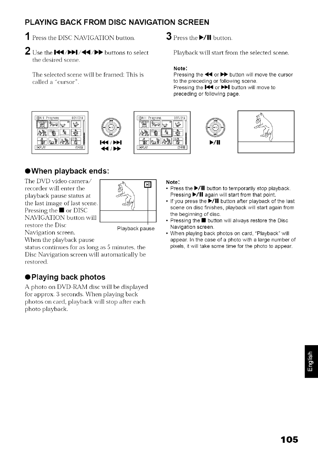 Hitachi DZ-MV780A 105, Playing Back from Disc Navigation Screen, OWhen Playback Ends, OPlaying back photos 