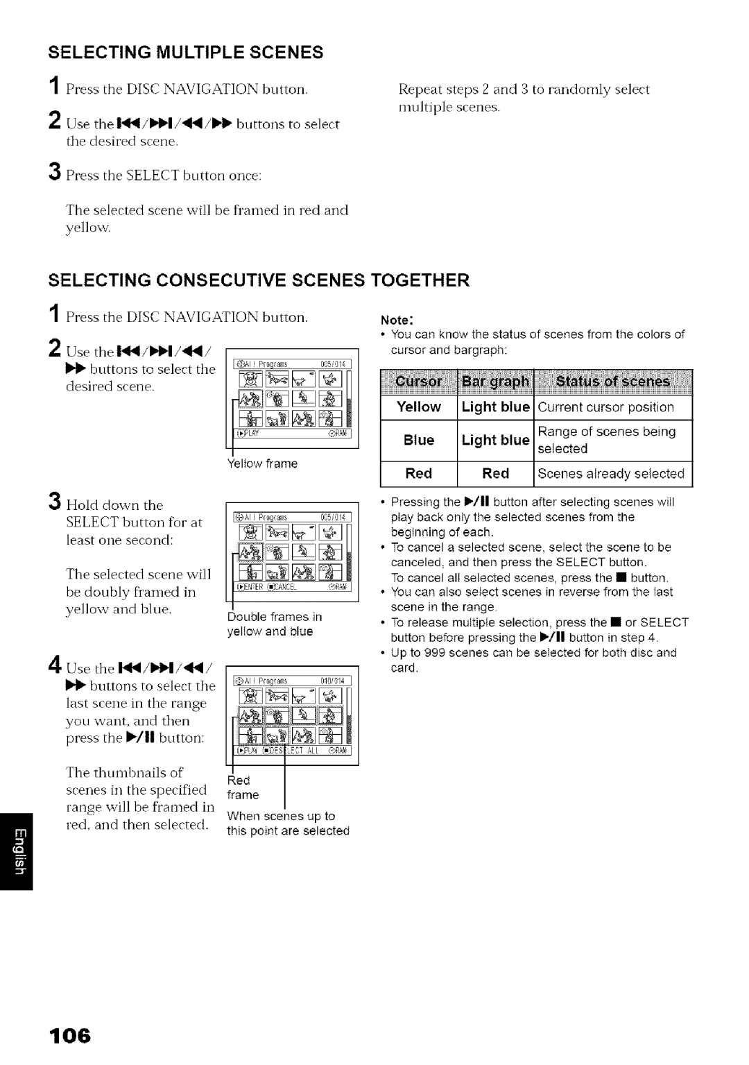 Hitachi DZ-MV780A instruction manual 106, Selecting Multiple Scenes, Selecting Consecutive Scenes, Together 