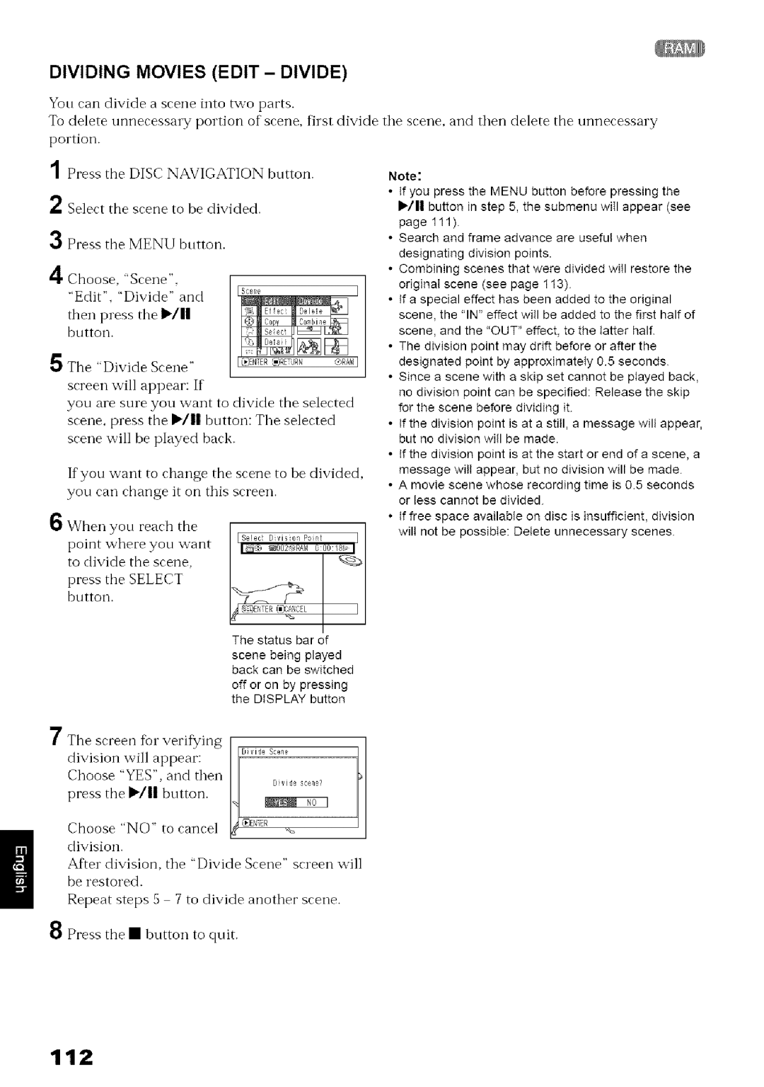 Hitachi DZ-MV780A instruction manual Dividing Movies Edit Divide, Divide Scene, Lt,ER-3URNE RAM 