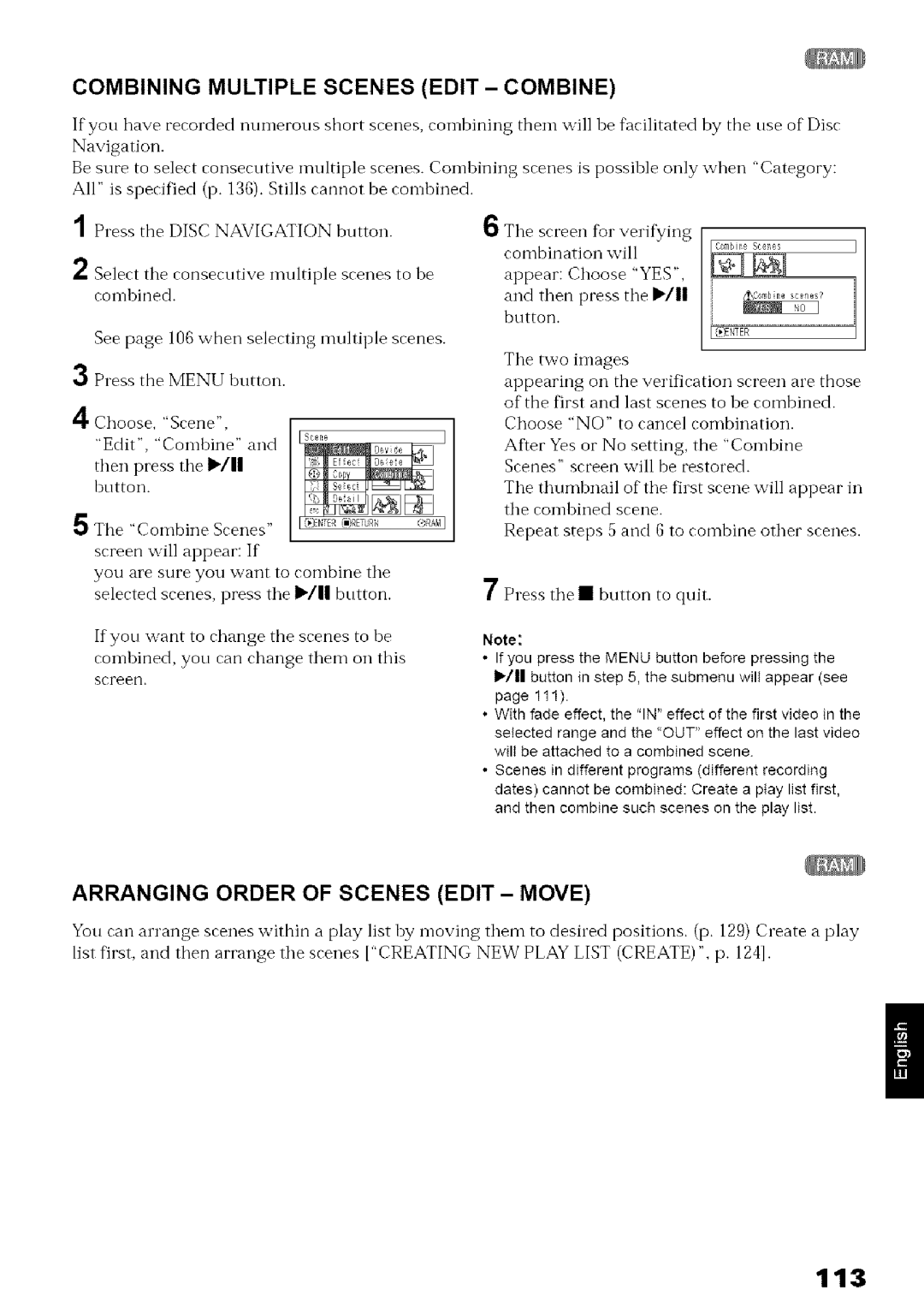 Hitachi DZ-MV780A instruction manual 113, Combining Multiple Scenes Edit Combine, Arranging Order of Scenes Edit Move 