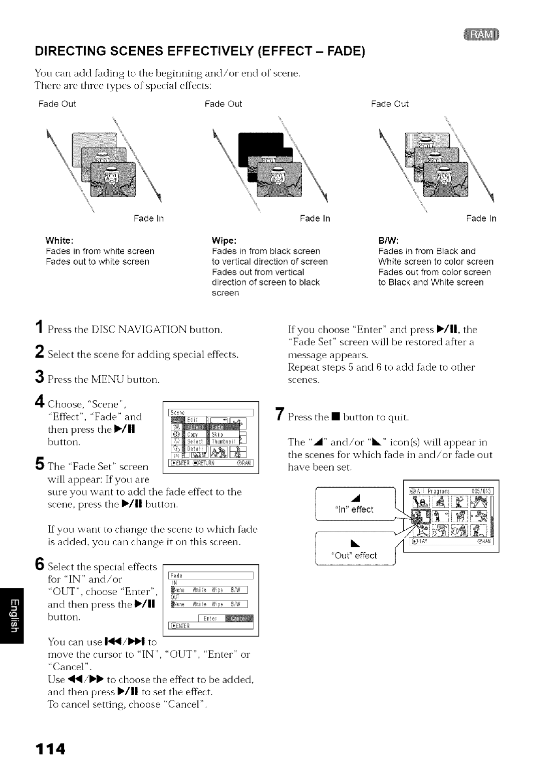 Hitachi DZ-MV780A instruction manual 114, Directing Scenes Effectively Effect Fade, Fade Set screen 