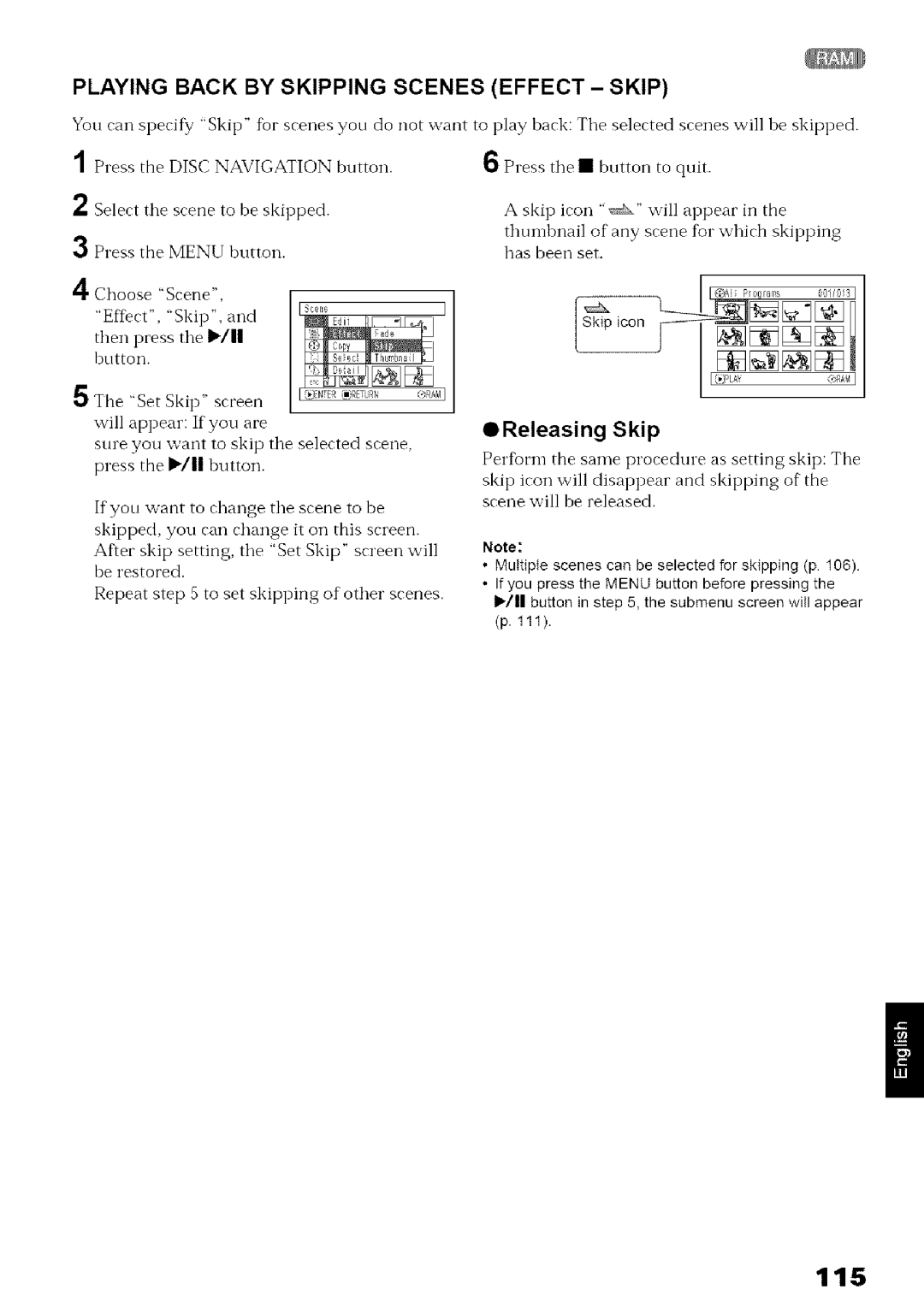 Hitachi DZ-MV780A instruction manual 115, Playing Back by Skipping Scenes Effect Skip, Releasing Skip 