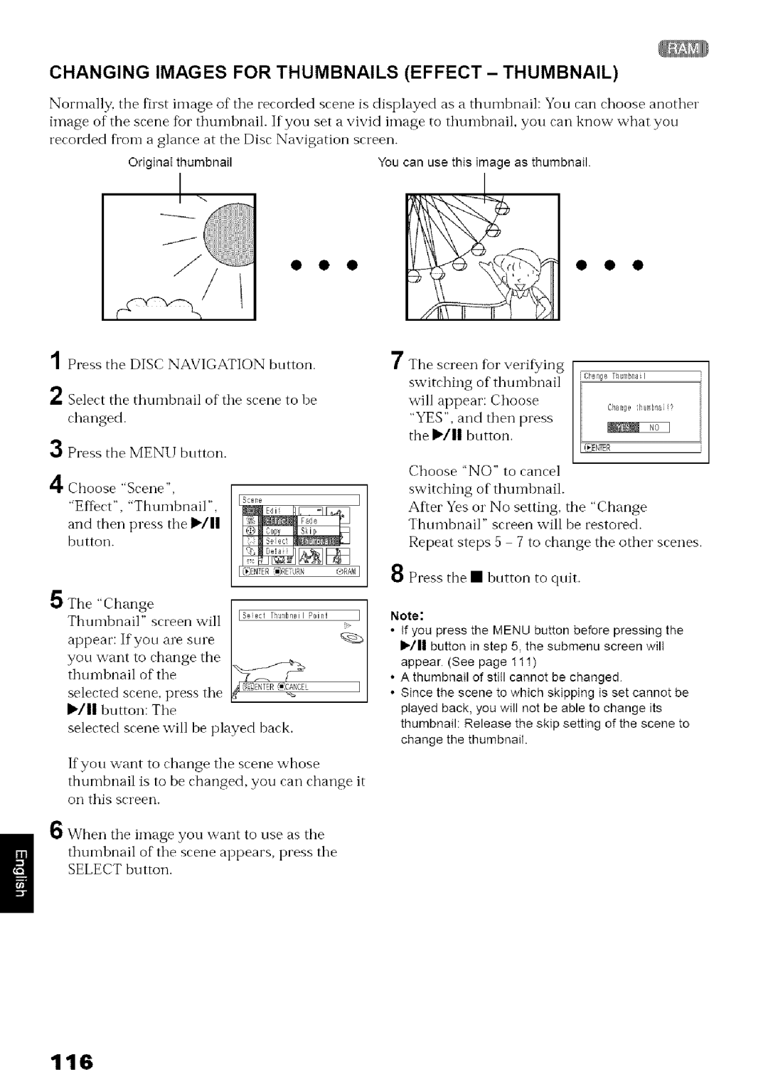 Hitachi DZ-MV780A 116, Changing Images for Thumbnails Effect Thumbnail, Select the thumbnail of the scene to he, Changed 