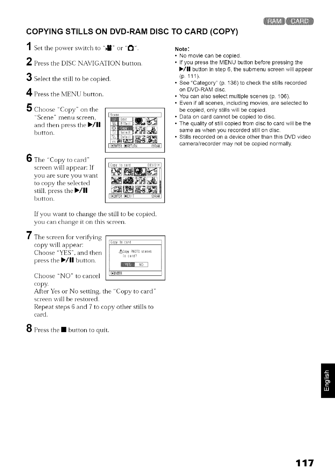 Hitachi DZ-MV780A instruction manual Copying Stills on DVD-RAM Disc to Card Copy, Screen %1verif¢ing 