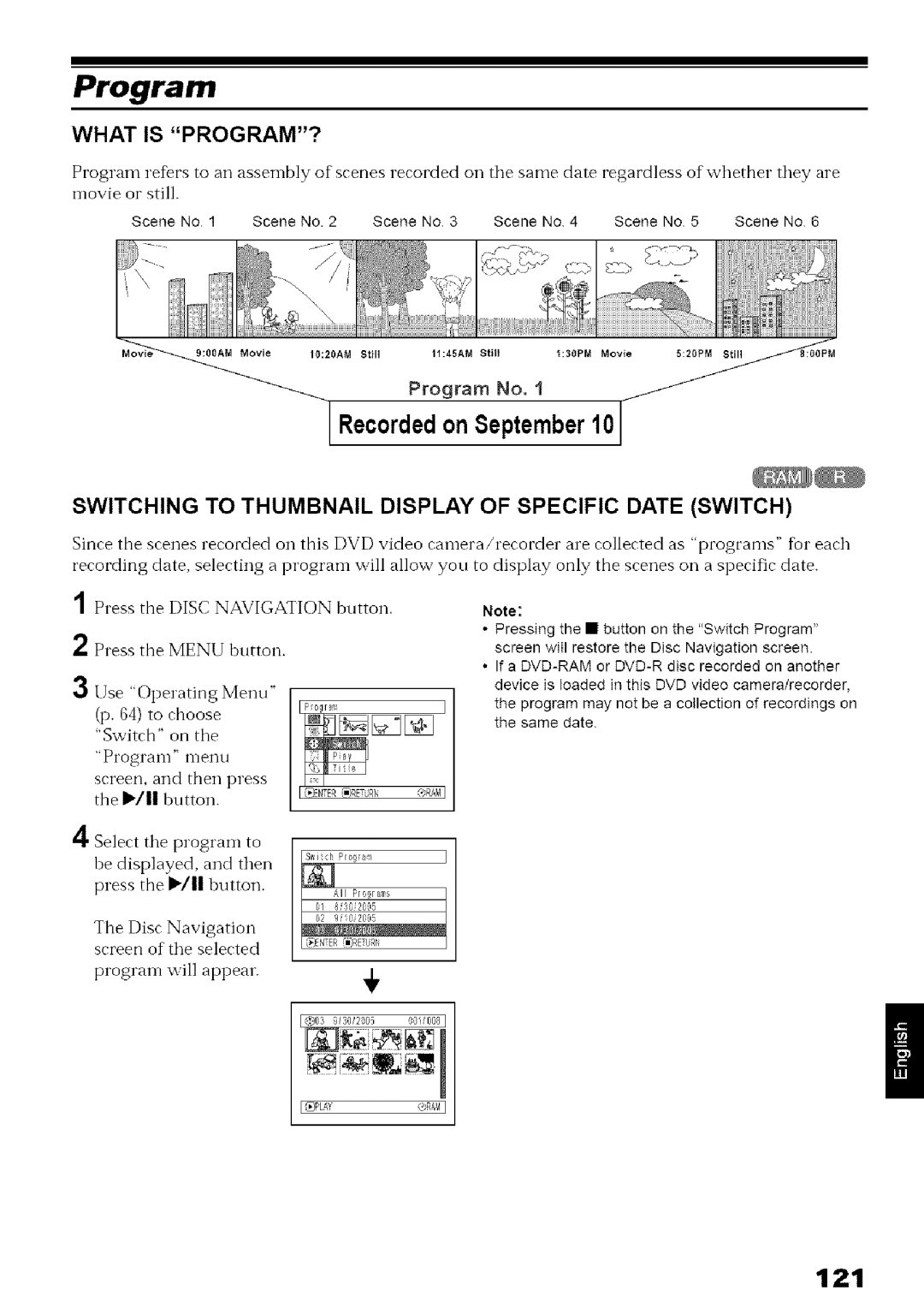 Hitachi DZ-MV780A 121, What is PROGRAM?, Switching to Thumbnail Display of Specific Date Switch, Use Operating Menu, Iply 