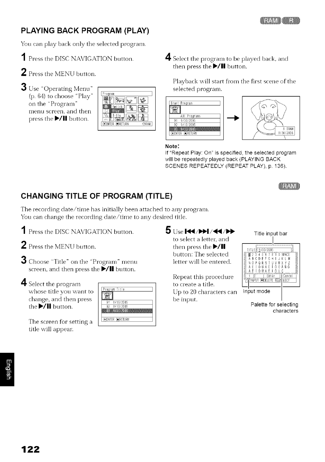 Hitachi DZ-MV780A 122, Playing Back Program, Changing Title of Program Title, Use IN/I1/qll/1 Title input bar 