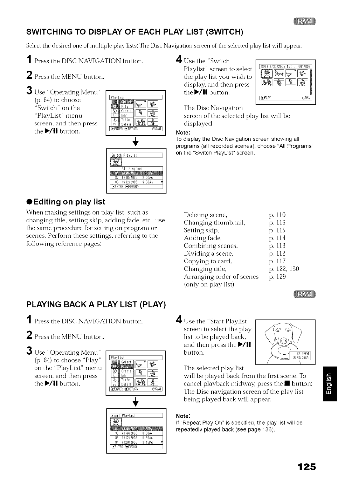 Hitachi DZ-MV780A instruction manual 125, Switching to Display of Each Play List Switch 