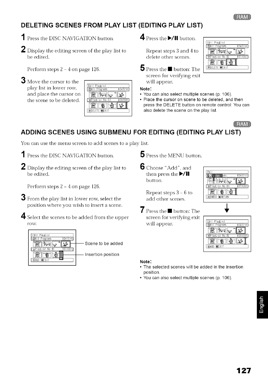 Hitachi DZ-MV780A 127, Deleting Scenes from Play List Editing Play List, 6Choose Add, Then press the / button 