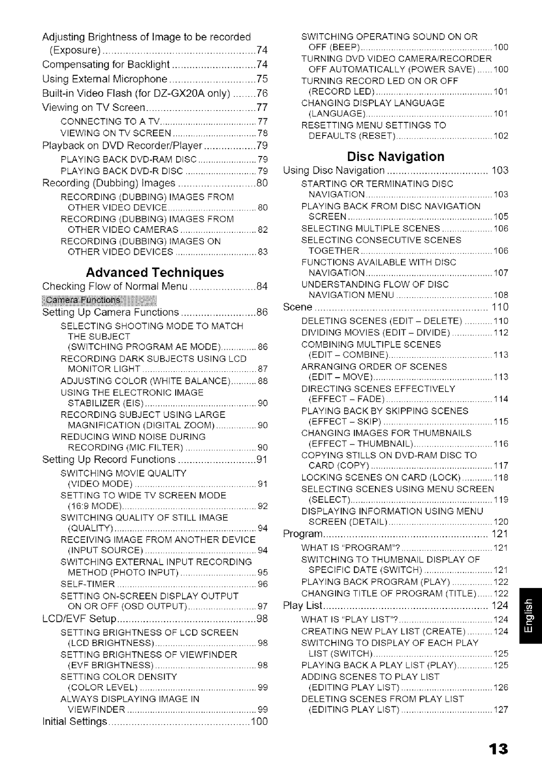 Hitachi DZ-MV780A instruction manual Disc Navigation, Advanced Techniques, Setting Up Camera Functions 