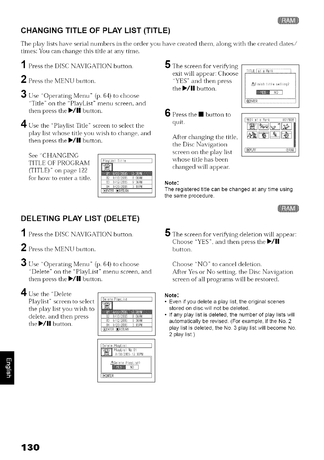 Hitachi DZ-MV780A instruction manual 130, Changing Title of Play List Title, Deleting Play List Delete 