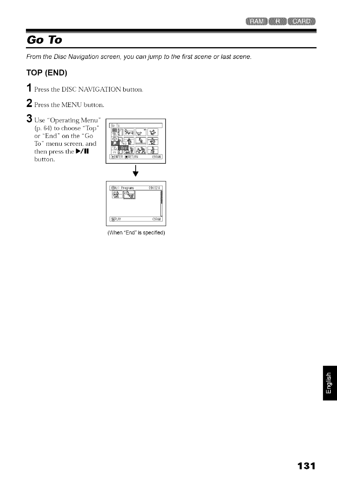 Hitachi DZ-MV780A instruction manual Go To, Top End, 131, Then press tile I/ hutton, Ipla ,RbI WhenEndis specified 