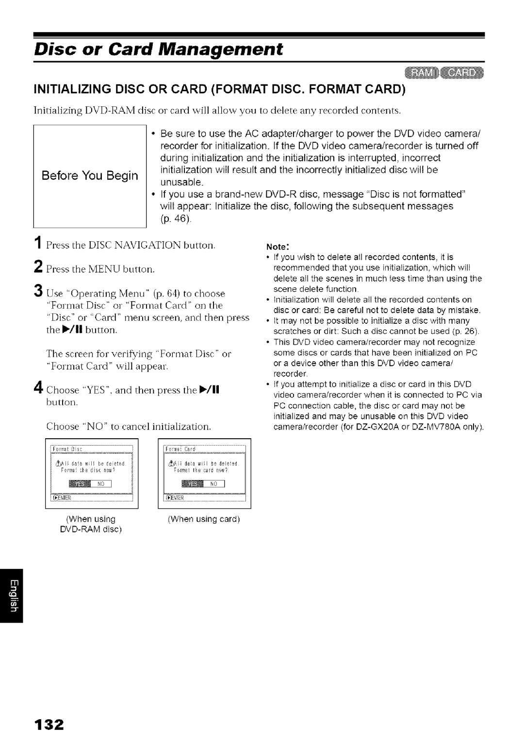 Hitachi DZ-MV780A Disc or Card Management, Initializing Disc or Card Format DISC. Format Card, Before You Begin, 132 