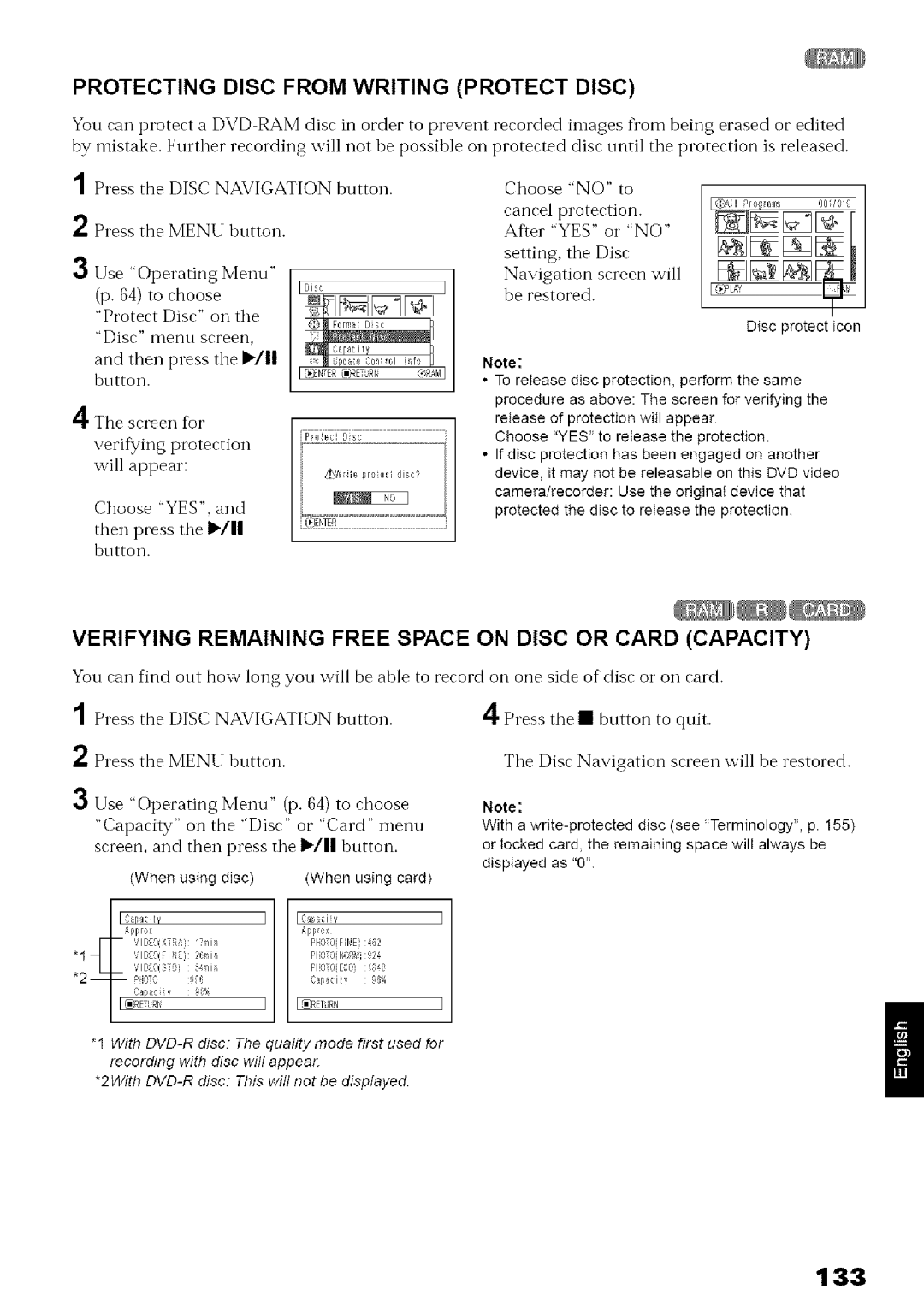 Hitachi DZ-MV780A Protecting Disc from Writing Protect Disc, Verifying Remaining Free Space on Disc or Card Capacity, 133 