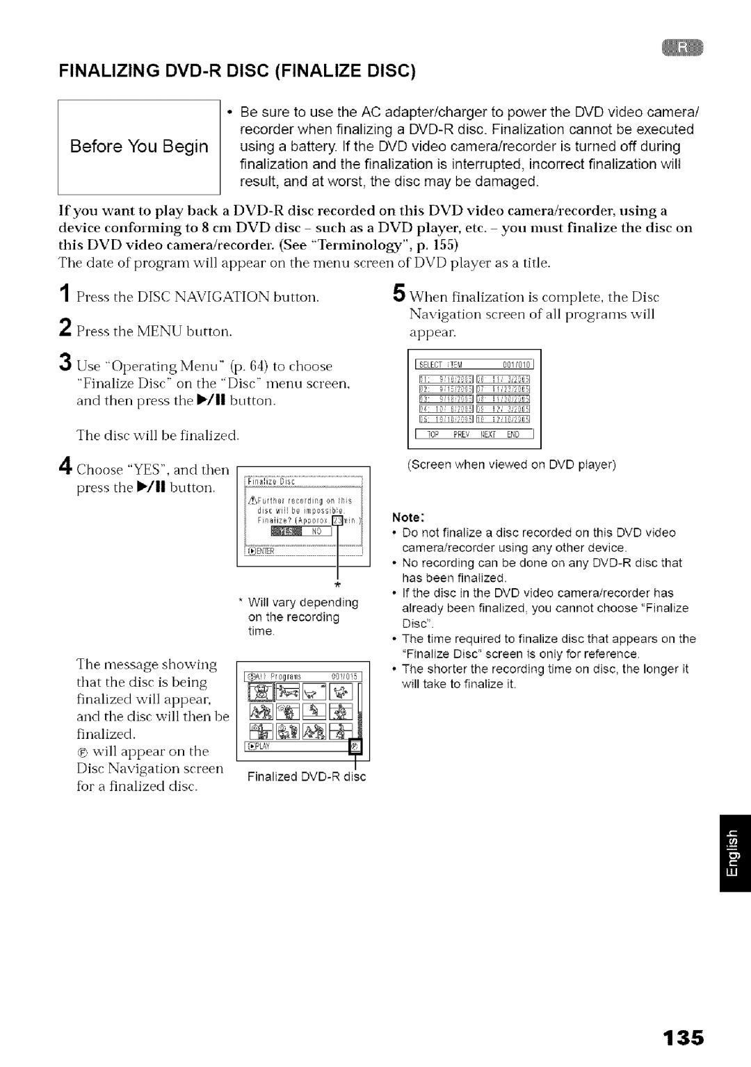 Hitachi DZ-MV780A instruction manual Finalizing DVD-R Disc Finalize Disc, 135, Disc will be finalized, Choose YES, and then 