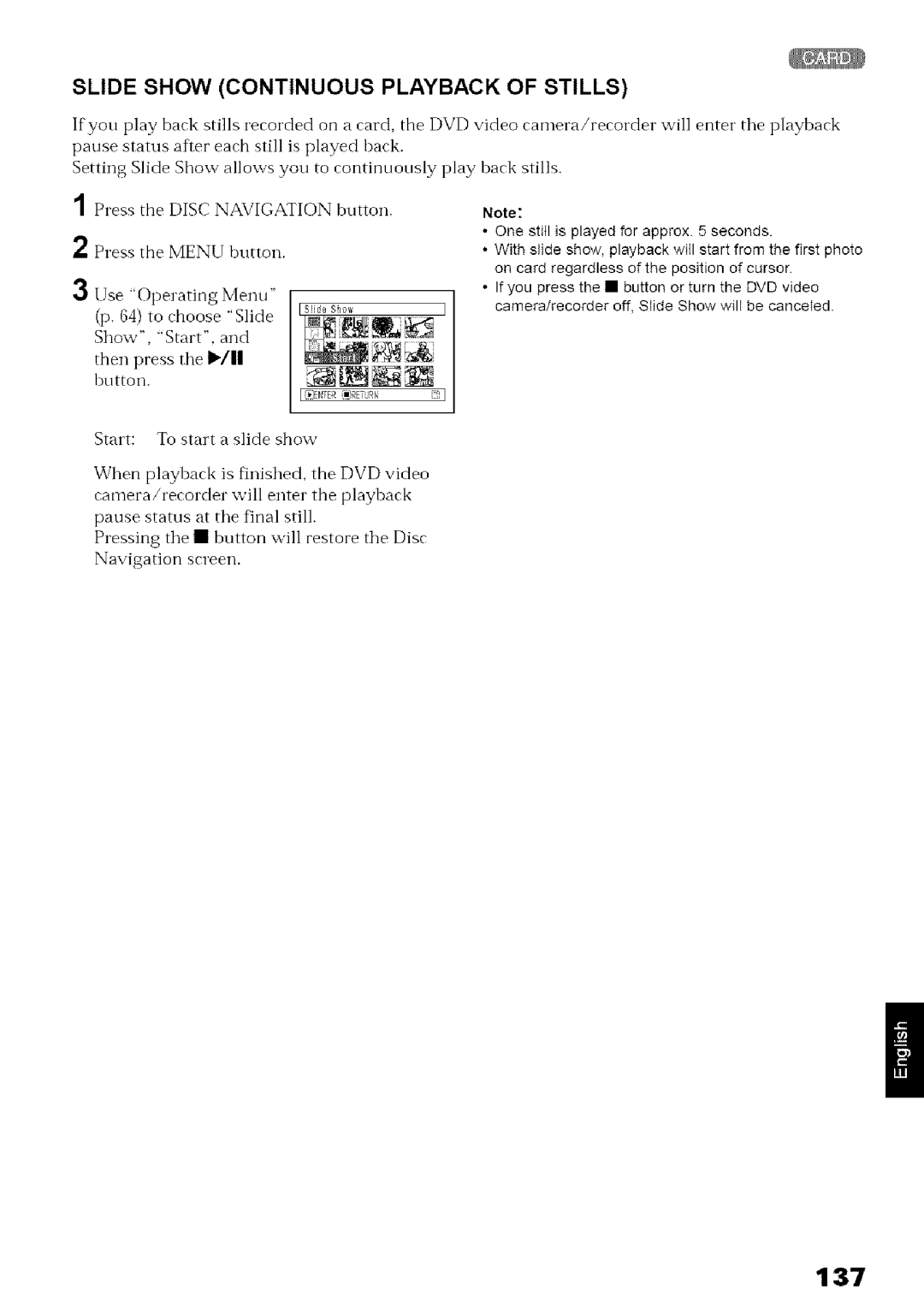 Hitachi DZ-MV780A instruction manual 137, Slide Show Continuous Playback of Stills 